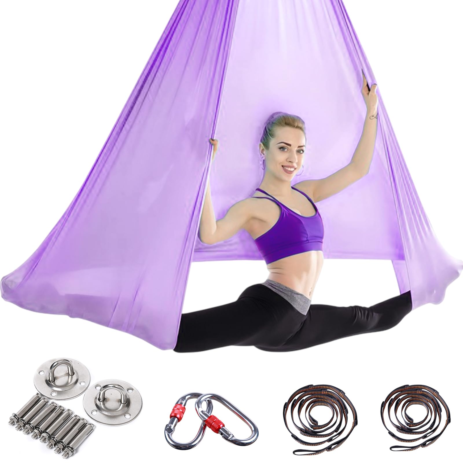 Aerial Yoga Hängematte Set, 5m x 2,8m Aerial Yogatuch Anti-Gravity YogaSwing, Aerial Yoga Hammock Swing 200 kg Tragfähigkeit, Nylon Tuch Nestschaukel mit Beschläge(Lila)