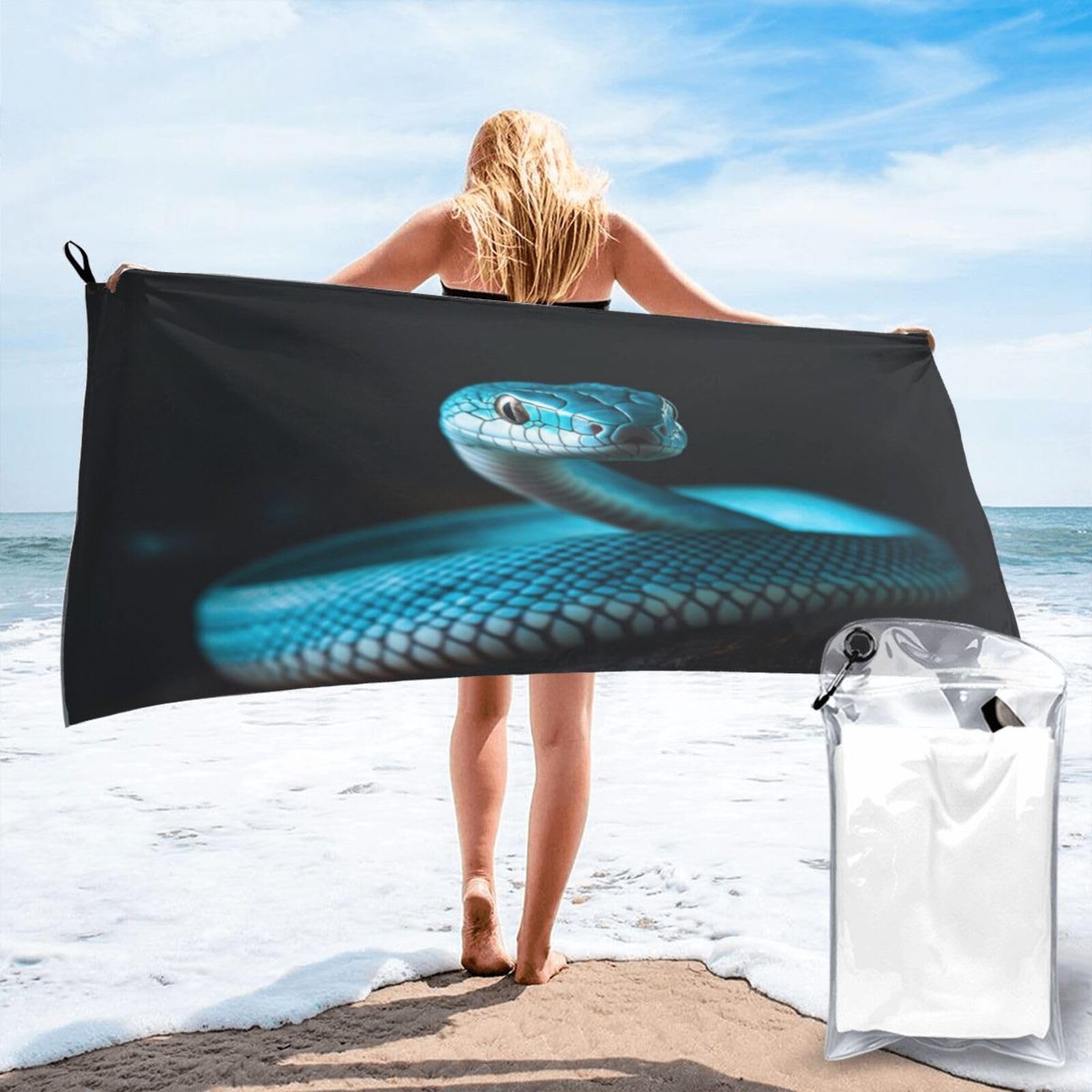 Anceky Photograph of Blue Snake Close-Up Quick Dry Microfiber Travel Towel with Carry Case and Carabiner 27.5"X55"