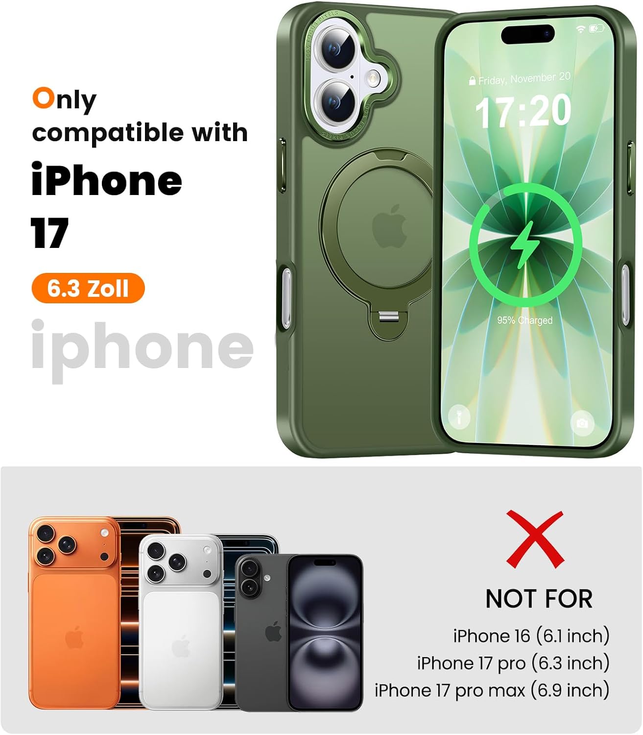 360° Spin Magnetic Stander for iPhone 17 Case [Compatible with Magnetic] [Built-in Kickstand] Mil-Grade Protective, Matte Non-Slip for iPhone 17 Phone Case(Green)