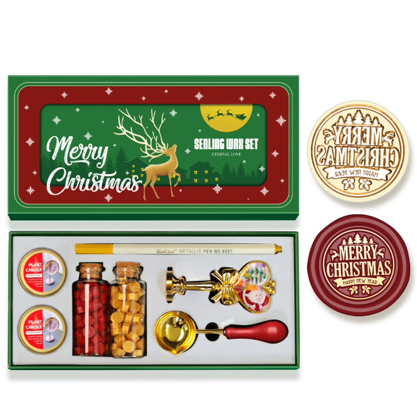 Elnwnnkc Christmas Themed Seal Stamp Set with Melting Spoon, Seal Stamp Beads, Metallic Pen for Envelope, Invitation Embellishment