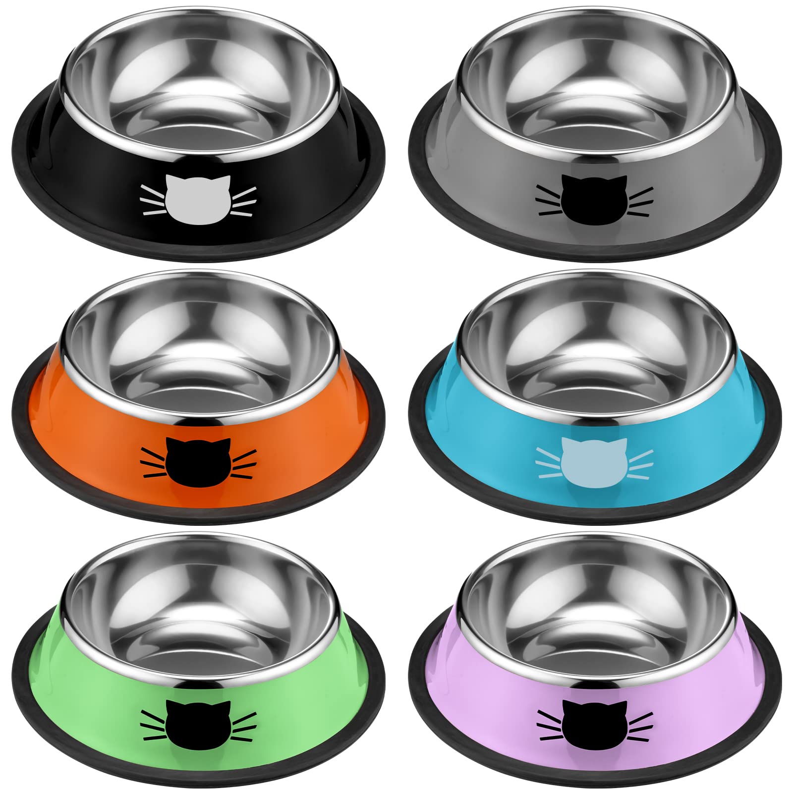 Amylove 6 Pcs Cat Bowls for Food and Water Cat Dishes Stainless Steel Pet Food Bowls 7 oz Anti Slip Metal Pet Dish with Removable Rubber Base Thick