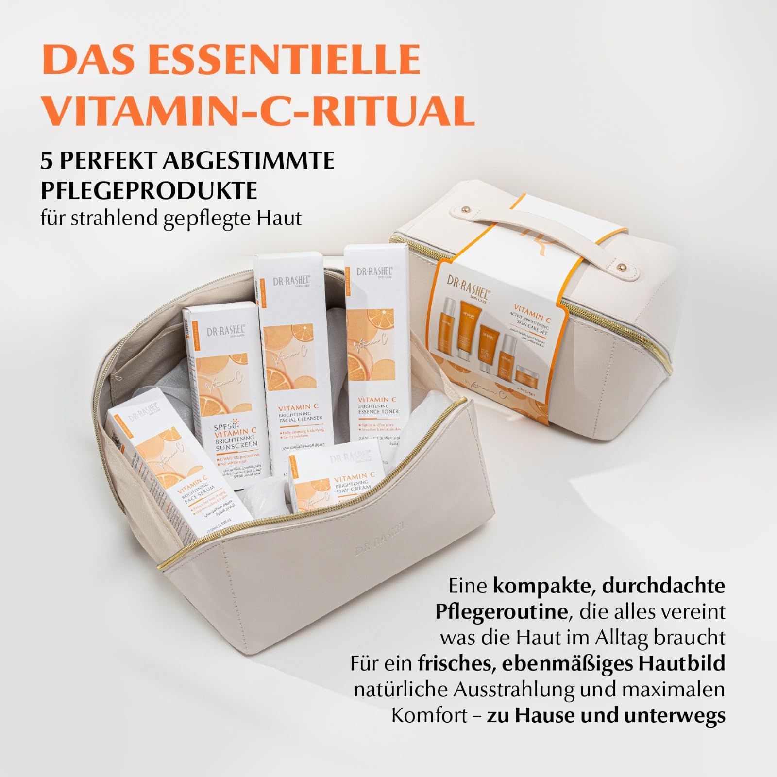 Vitamin C Gesichtspflege Set 5-teilig - Anti-Falten Hautpflege mit Serum, Tagescreme, Nachtcreme, Reinigungsgel, Toner + SPF 50 Sonnenschutz - Anti-Aging, Hautpflege, Skincare Set, Geschenkset Damen