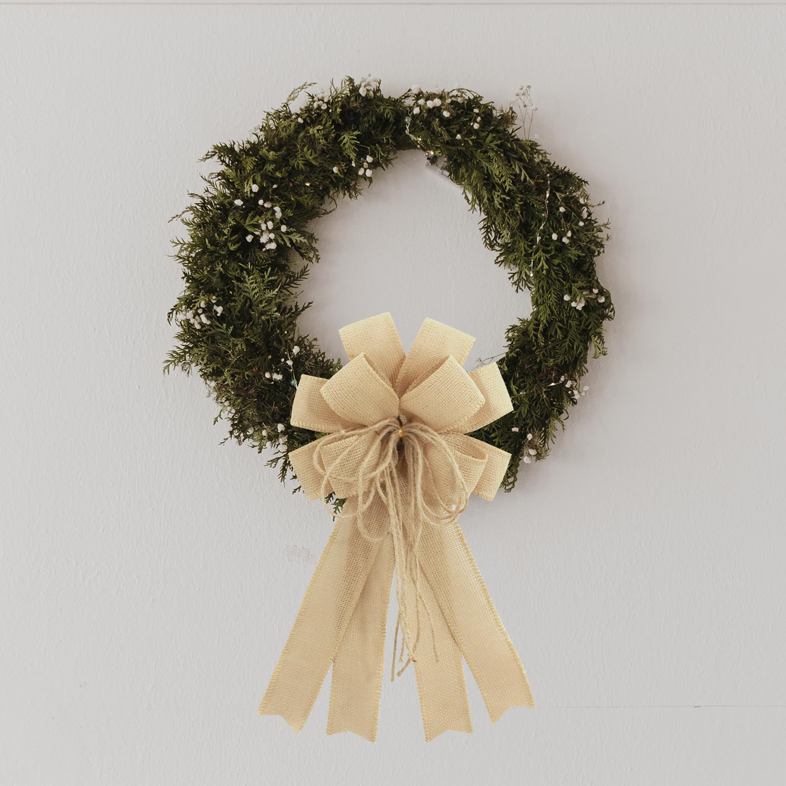 Lazo grande de arpillera marrón para corona, lazo de tela de arpillera de granja para decoración de puerta delantera, adorno de árbol marrón primavera con cuerda para decoración de bodas,