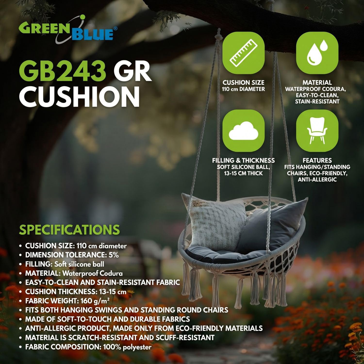 Green Blue GB243 GR Rundes Gartenkissen, 110 cm, für Storchennest, Kokon und Papasan-Sessel, grau, Dicke 13–15 cm, gesteppt, Füllung: Silikonkügelchen (Kokon ist Nicht im Lieferumfang enthalten)