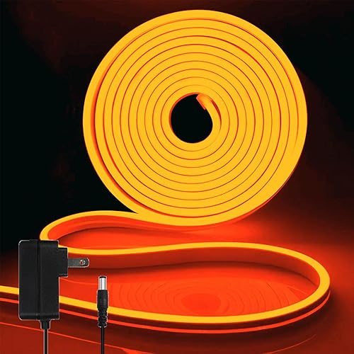 iNextStation Tira de luces LED naranjas, tira de luces de neón de 16.4 pies con adaptador de corriente, luz flexible de neón LED cortable de 12 V,