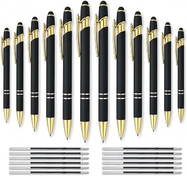 12 PCS 2 in 1 Stylus Ballpoint Pen with Stylus Tip, 1.0 mm Black Ink Metal Pen Stylus Pen for Touch Screens Gold & Black