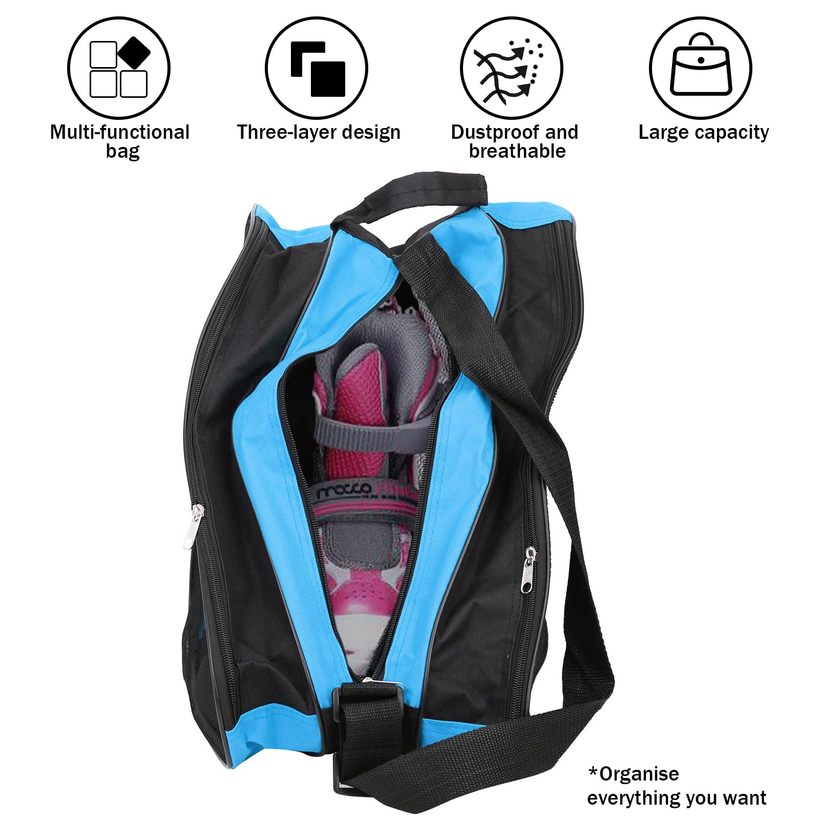 Sac pour Patins à Glace, Sac de Patin à Glace 3 Couches Sac de Patin à roulettes en Nylon pour Patins à roulettes pour Enfants et Adultes