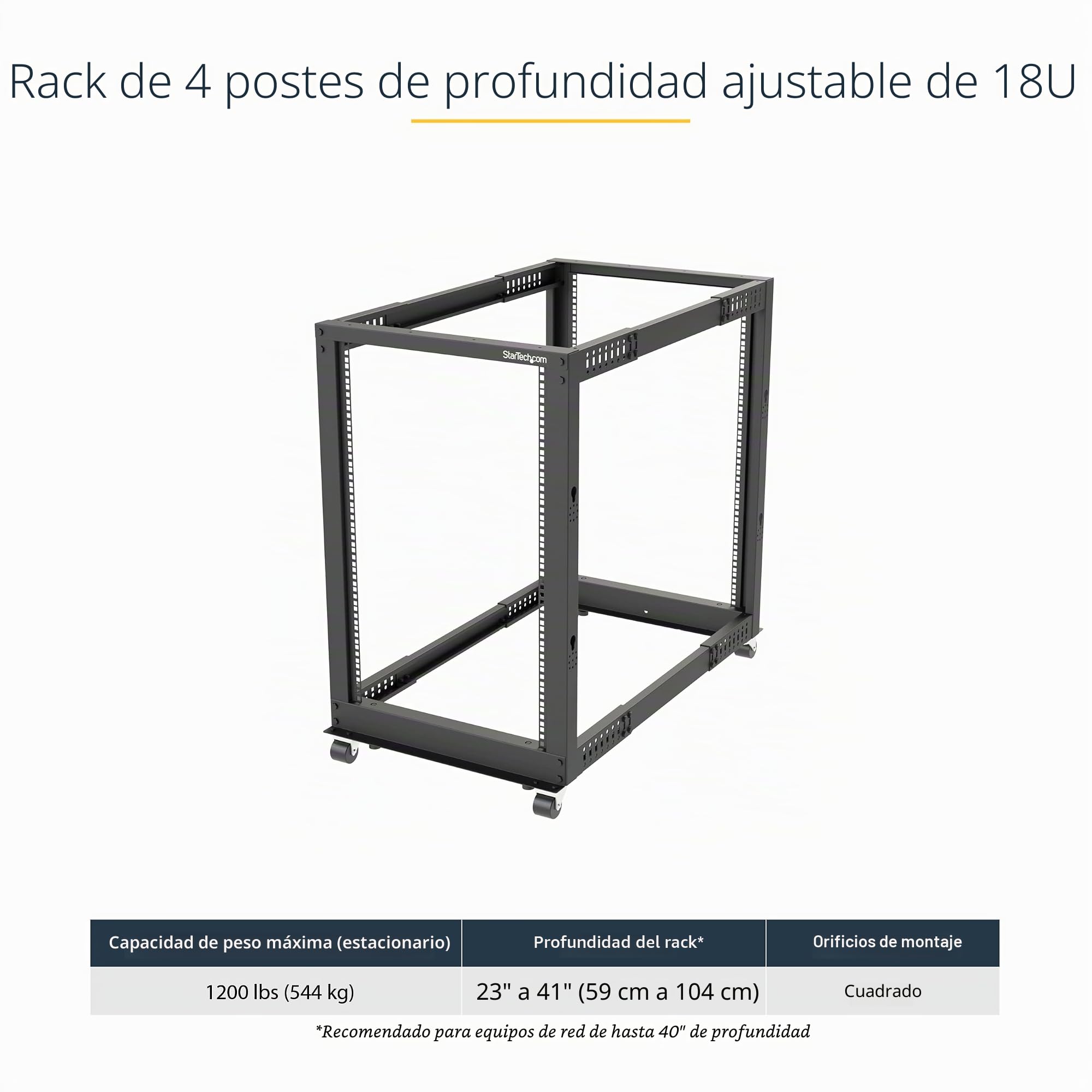 StarTech Rack Abierto 18U 4 Columnas 19in, Profundidad 101cm, Móvil, 544kg | Compatible con equipos informáticos, Cumple EIA/ECA-310-E, Tuercas jaula y tornillos incluidos
