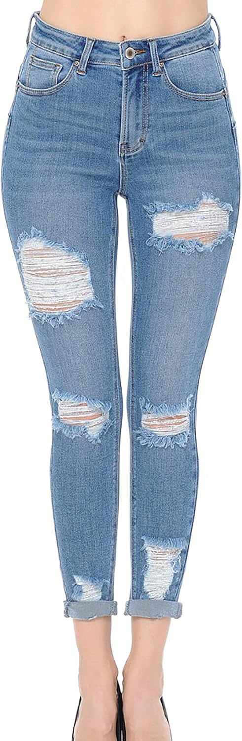 WAX JEAN Women's 'Butt I Love You' Push-Up High Rise Destructed Capri Jeans in Heritage Denim Fabric