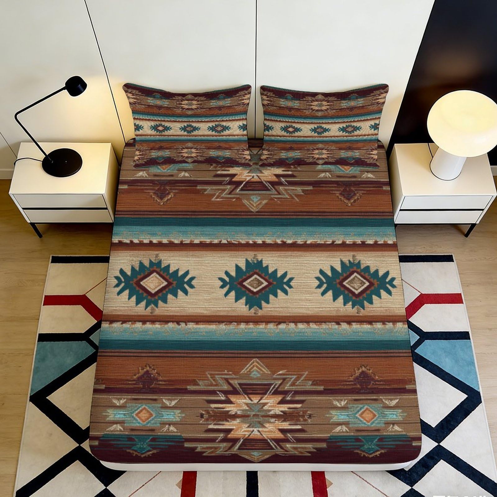 Pnayamiorkfel Style-7 3D Printed Aztec Geometric Fitted Sheet Microfiber Brown Teal Southwestern Tribal Bed Cover For Bedroom Guest Room Decor 90X200x25cm