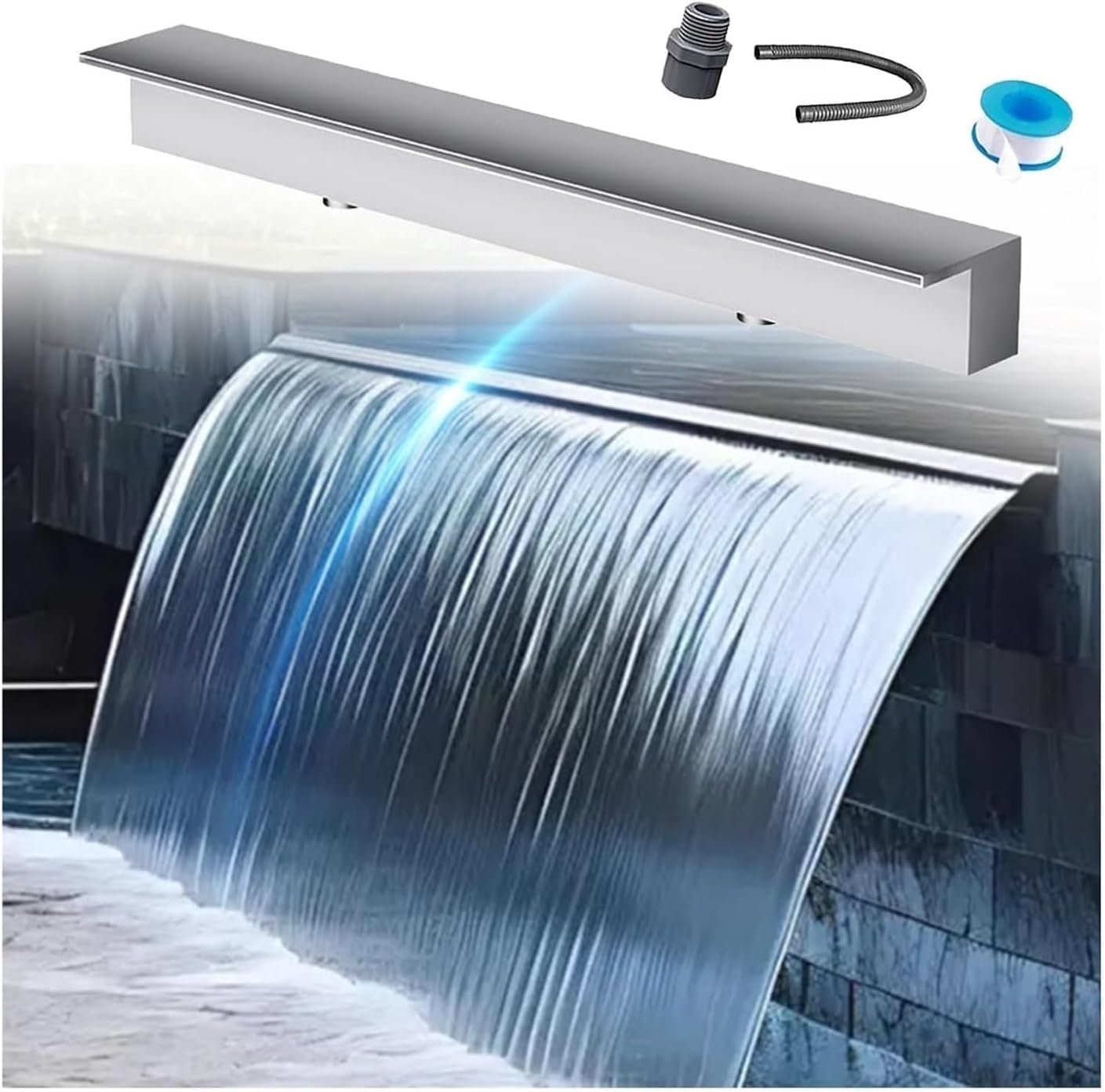 Waterfall Spillway Fountain.38cm Silver Swimming Pool Fountain Spillway Kit - No Pump Needed, Perfect for Garden, Patio & Park Water Features, Outdoor Decoration & Relaxation，（Silver，38cm(15
