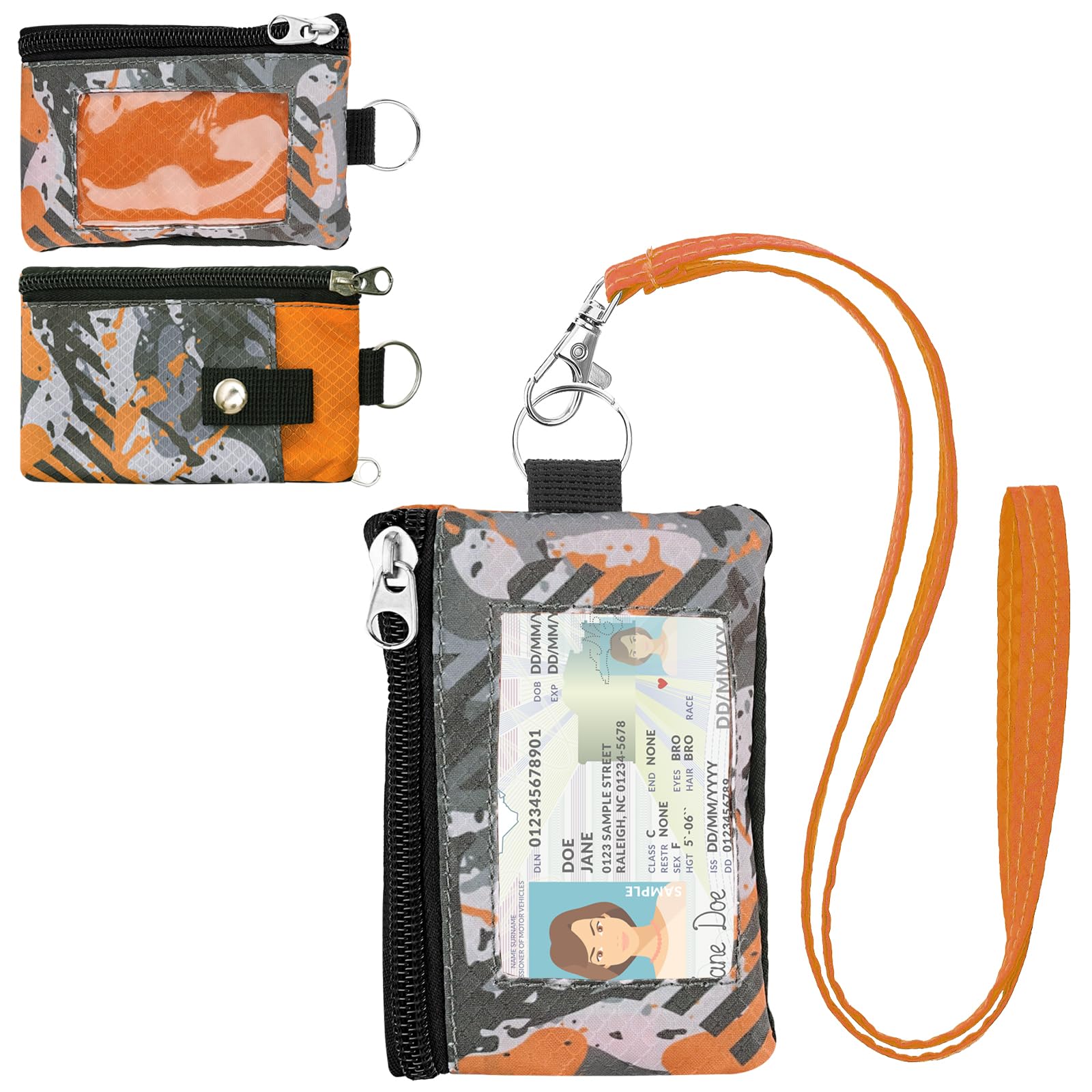 Minimalist RFID Wallet with Lanyard, Multi-functional ID Case with 2 Zipper Pockets and Key Chain for Men and Women, Tactical Badge Pouch Cards Holder, Coin Purse for Travel Sports - Two-Tone