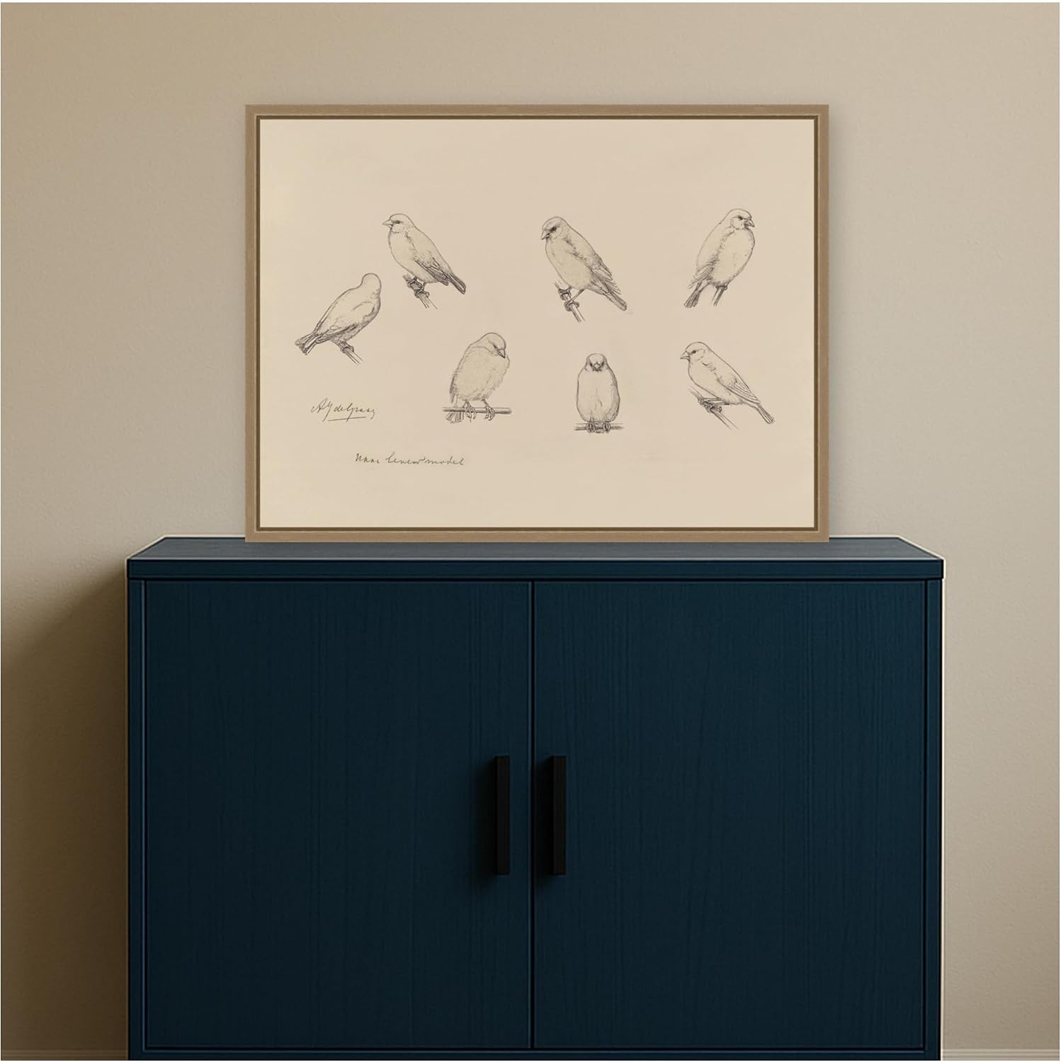 Kate and Laurel Framed Canvas Wall Art Print Study Sheet Canaries Julie de Graag by Nostalgia Prints, 24 x 18 Sylvie Dark Gold Frame, Vintage, Animal Art for Wall Decor