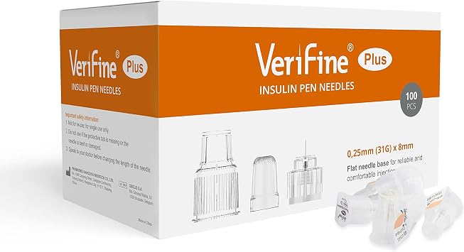 إبر قلم الأنسولين Verifine ، إبر القلم 31G 8mm ، إبر السكري فائقة الدقة 100Pcs / Box ، متوافقة مع معظم أقلام السكري
