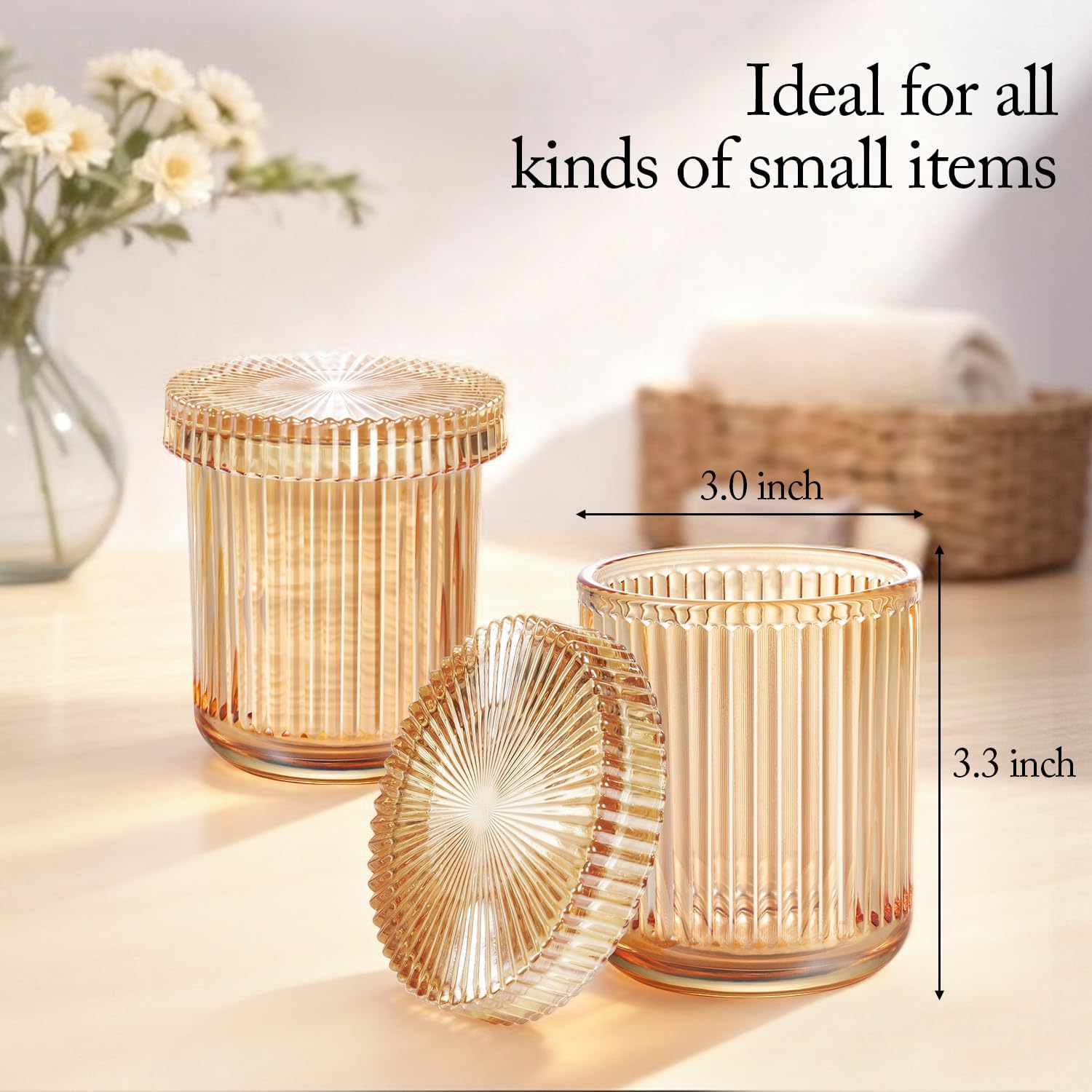 SheeChung Glass Qtip Holder Dispenser, 2-Pack Apothecary Jars- Vintage Sunburst Bathroom Organizer & Storage Set -Vanity Canister for Cotton Swabs, Balls, Pads - Luxury Modern Farmhouse Decor (Amber)