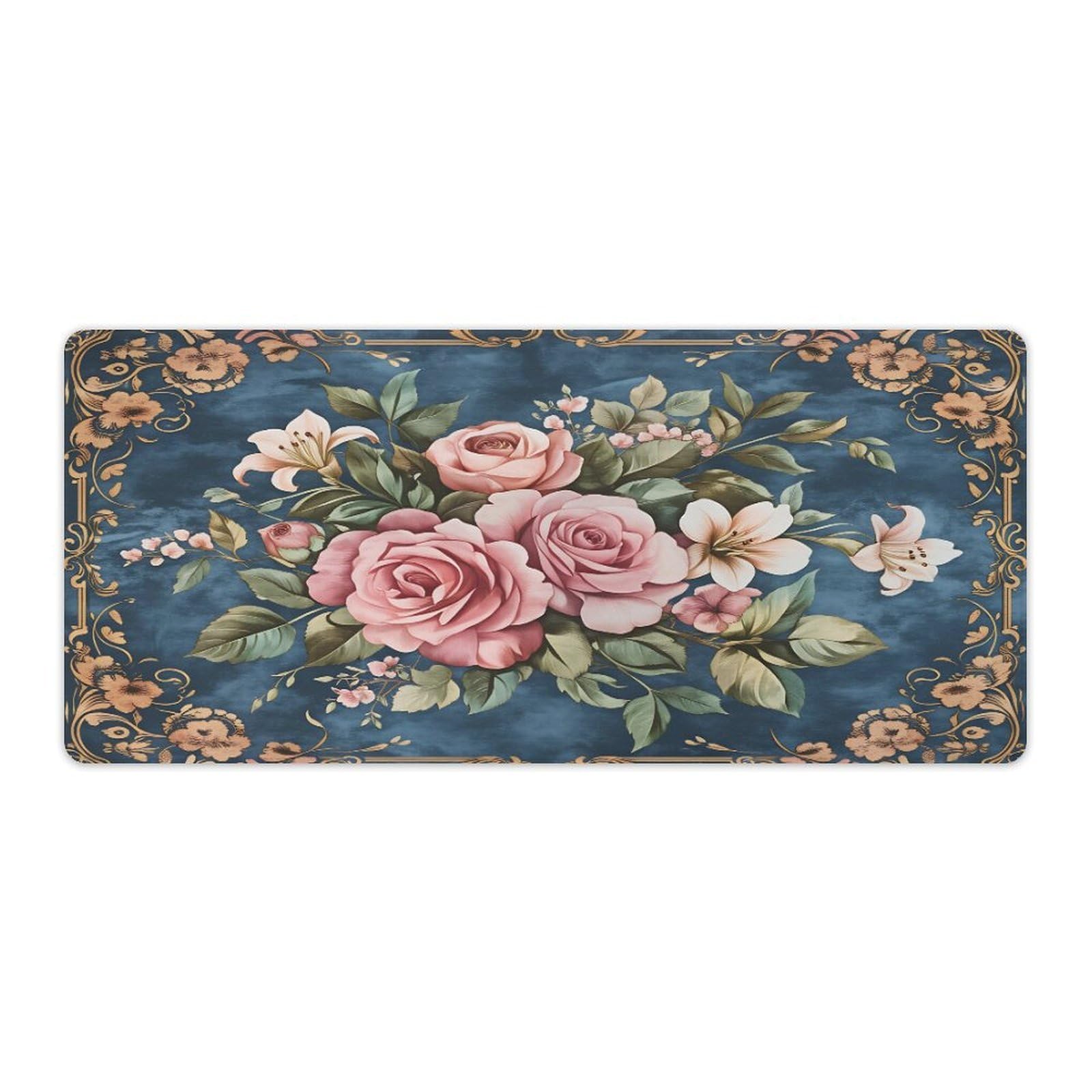 Floral Retro Large Mouse Pad 16"×36" inch Extended Gaming Mousepad Desk Mat Long Computer Keyboard Non-Slip Base Stitched Edges for Home Office Work