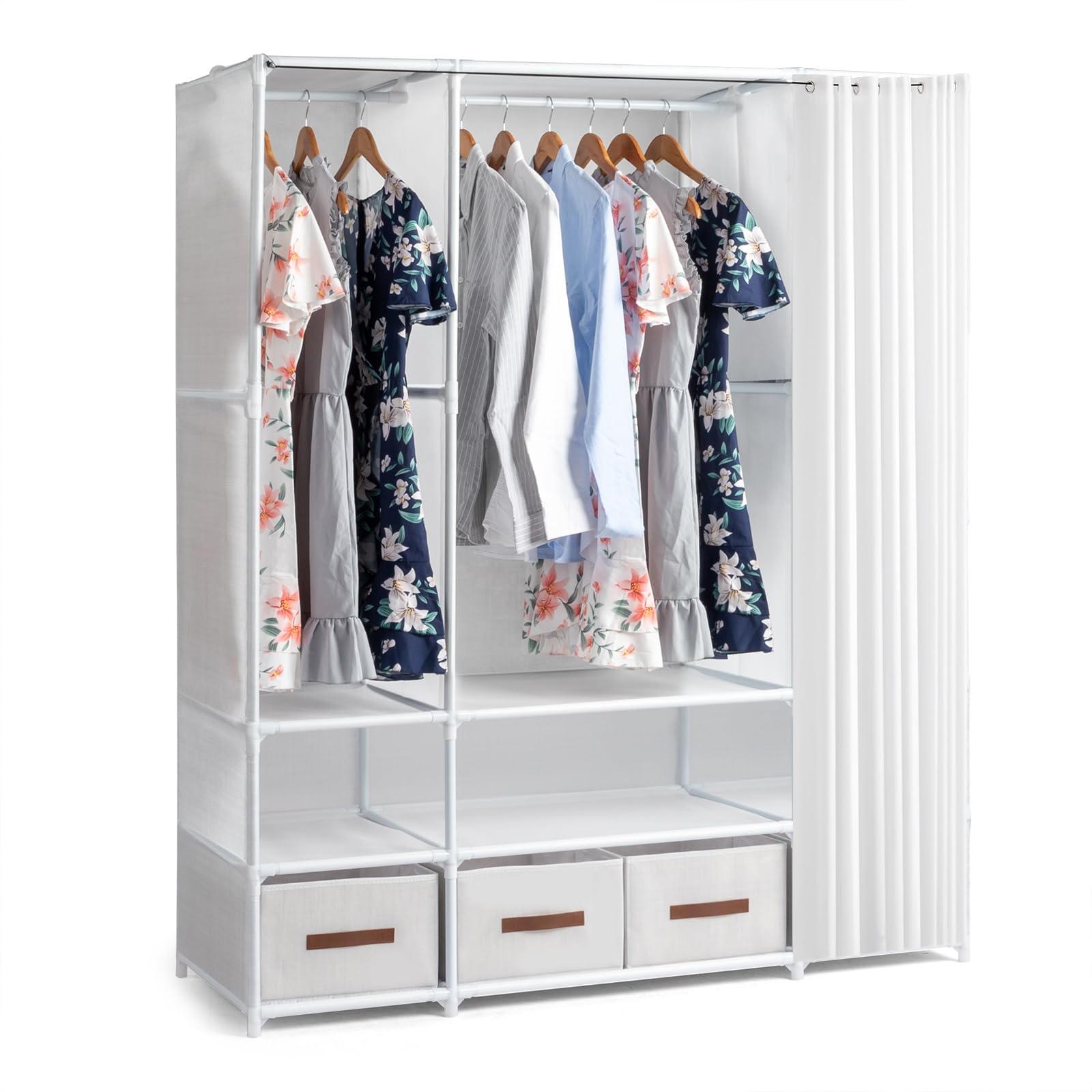 Alightup Armoire de Rangement avec Rideau, Penderie, Dressing, Armoire Métallique, avec Barres de Suspension, Porte-vêtements, pour Vestiaire, Chambre, 144 x 45 x 166 cm (Blanc, 144 x 45 x 166 cm)