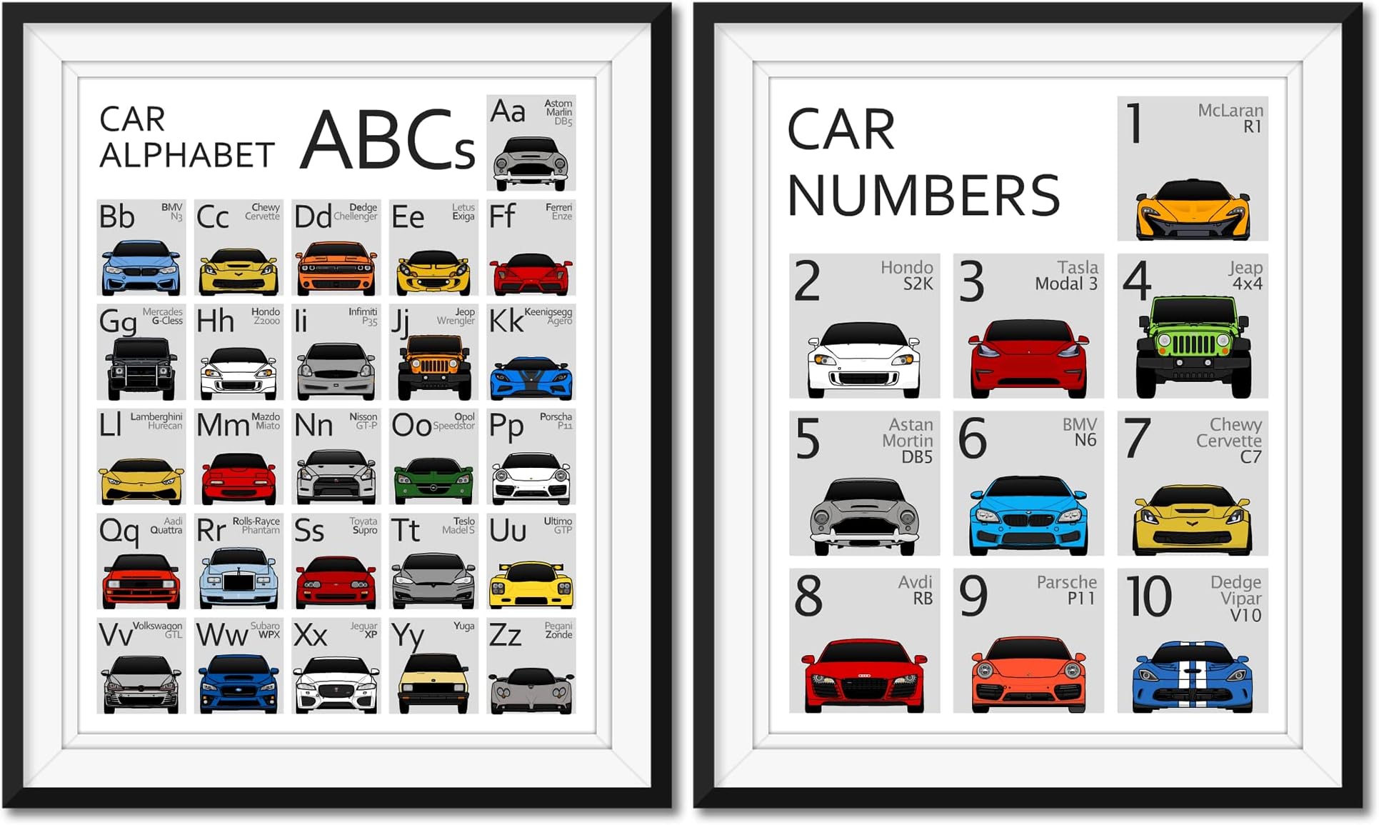 ABC and 123 Car Poster SET - Handmade Print of A to Z and 1 to 10 - (11x14" Satin Print (Unframed) - Gift for Car Enthusiast