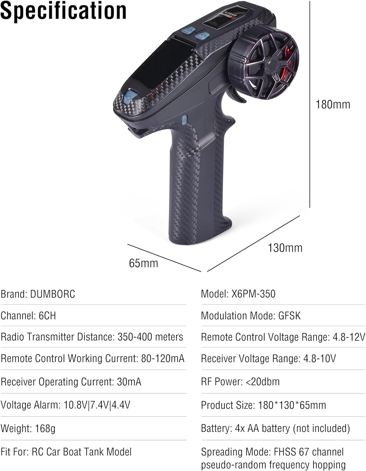Detailed specifications table for DUMBORC X6PM-350 and X6FG receiver, including brand, model, channels, distance, current, voltage, modulation, RF power, product size, battery, and spreading mode.