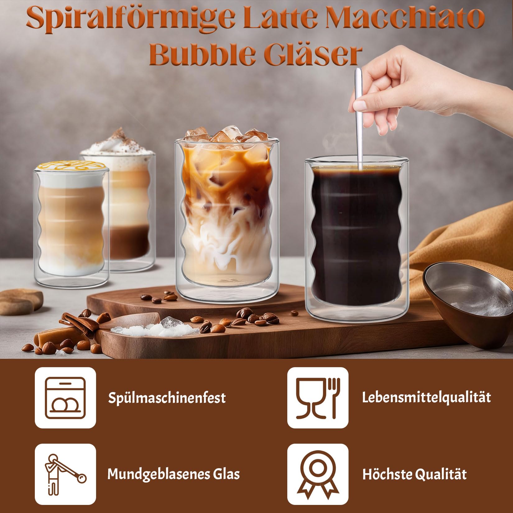 Zestaw 4 szklanek do latte macchiato z podwójnymi ściankami 350 ml, spiralne szklanki ze szkła borokrzemowego, szklanki termiczne, podwójne ścianki z 4 łyżeczkami, przezroczyste szklanki do