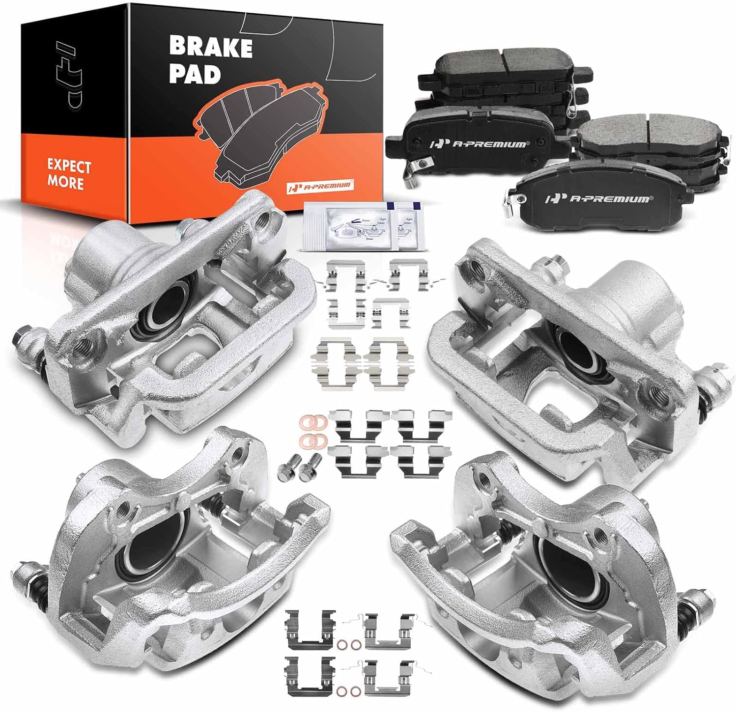 A-Premium Front & Rear Disc Brake Calipers with Ceramic Pads Compatible with Nissan Sentra 2013-2017 L4 1.8L 12-PC Set