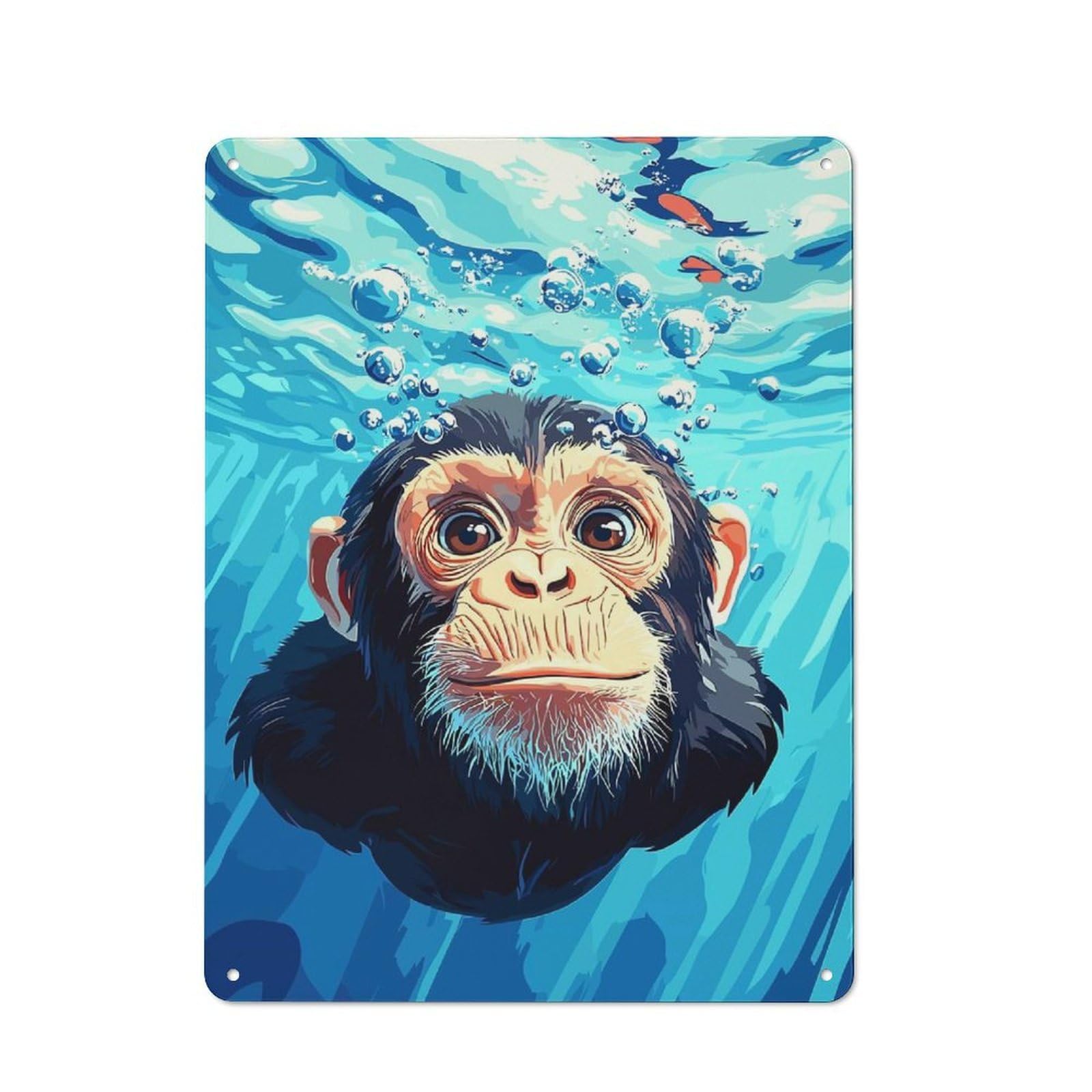 Junmoney Style-14 Chimpanzee Underwater With Bubbles Illustration Rustic Tin Wall Plaque 40X30cm For Hobby Room Or Studio, A Christmas Gift For People Styling Hobby Room And Studio