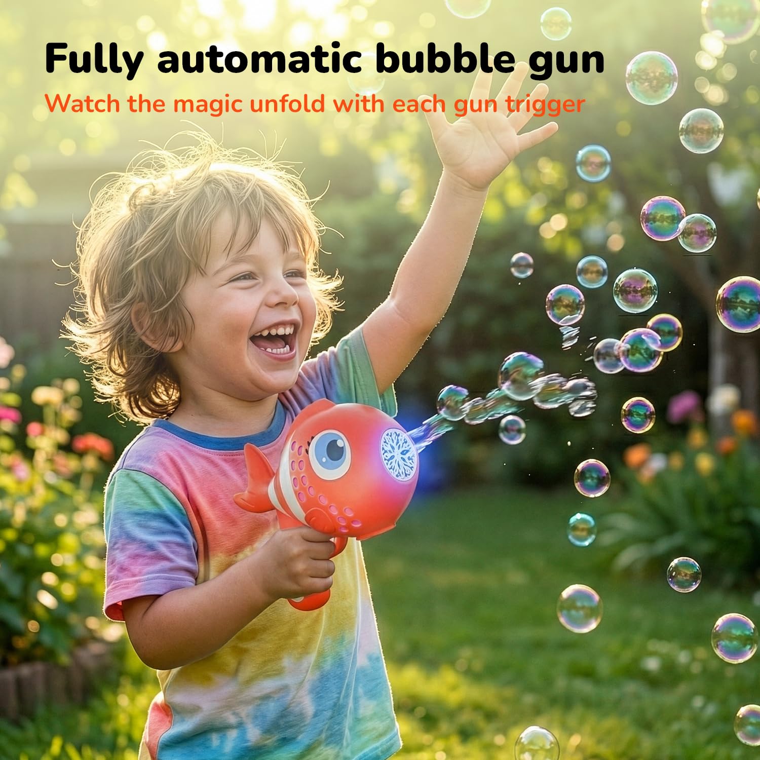 Lifelong Cuppy Rechargeable Clown Fish Automatic Bubble Gun Toy for Kids with Lights, Electric Bubble Machine, 2 Bubble Solutions, Long Fun Time, Type C Charging (Orange, LLCFBG01) 4