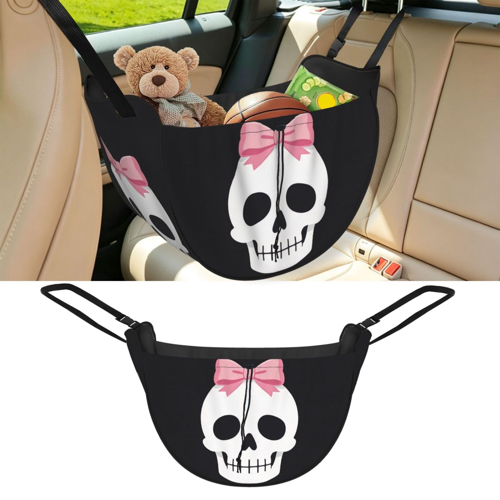 Cntdbu Black Bow Skull Flat Car Seat Organizer-Backseat Storage Bag For Travel