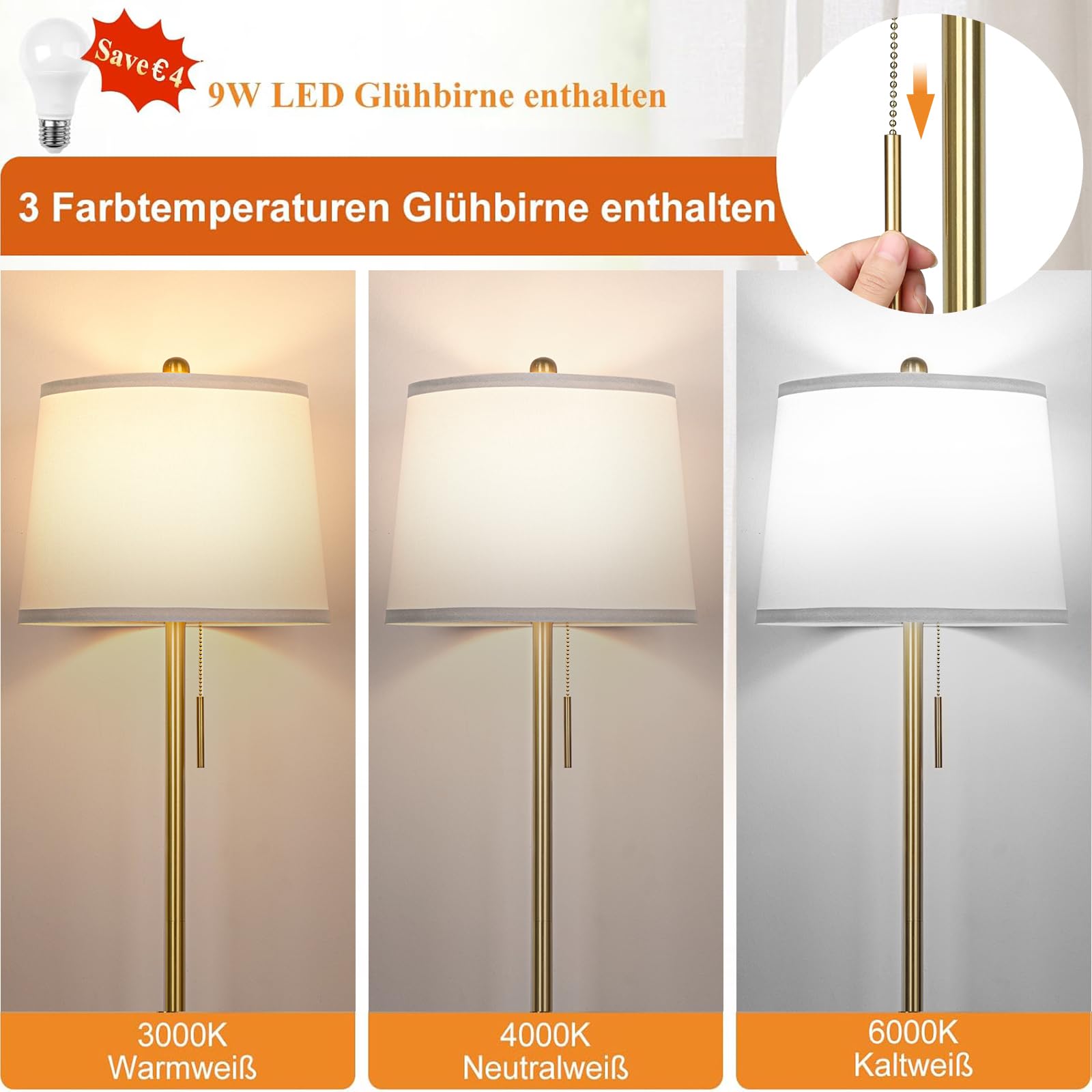 JUNNAI Stehlampe Wohnzimmer, 160 cm Modern Stehleuchte mit Leinen-Lampenschirm & E27 Birne 3 Farbtemperatur Standleuchte für Schlafzimmer Büro(9W LED-Glühbirne enthalten) -Gold