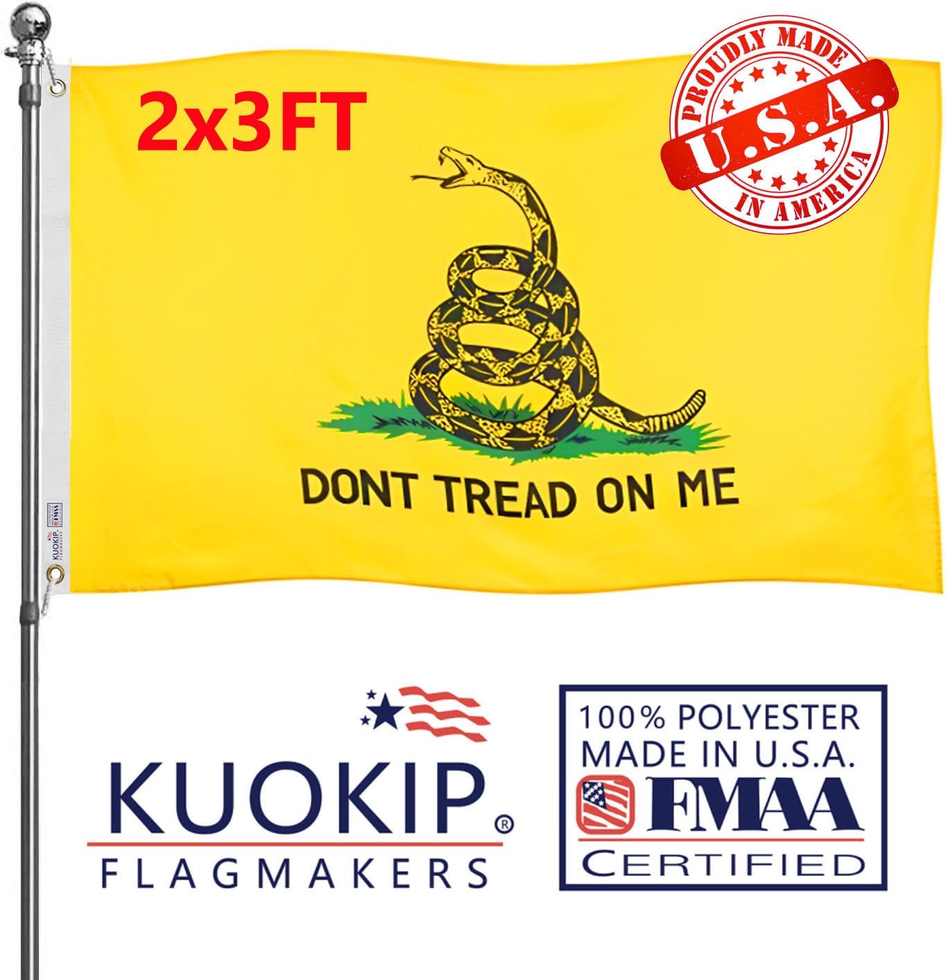 Double Sided Dont Tread On Me Flag 2x3 Made in USA Outdoor Heavy Duty 3 Ply Polyester Gadsden Flag with White Starting Tape and 2 Brass Grommets