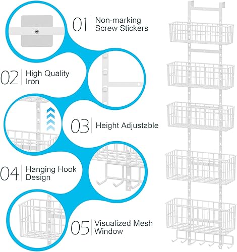 Miniatura 9 de Organizador ajustable sobre la puerta, organizador de puerta colgante de metal con 5 cestas de alambre, 7 ganchos, estante montado en la pared para
