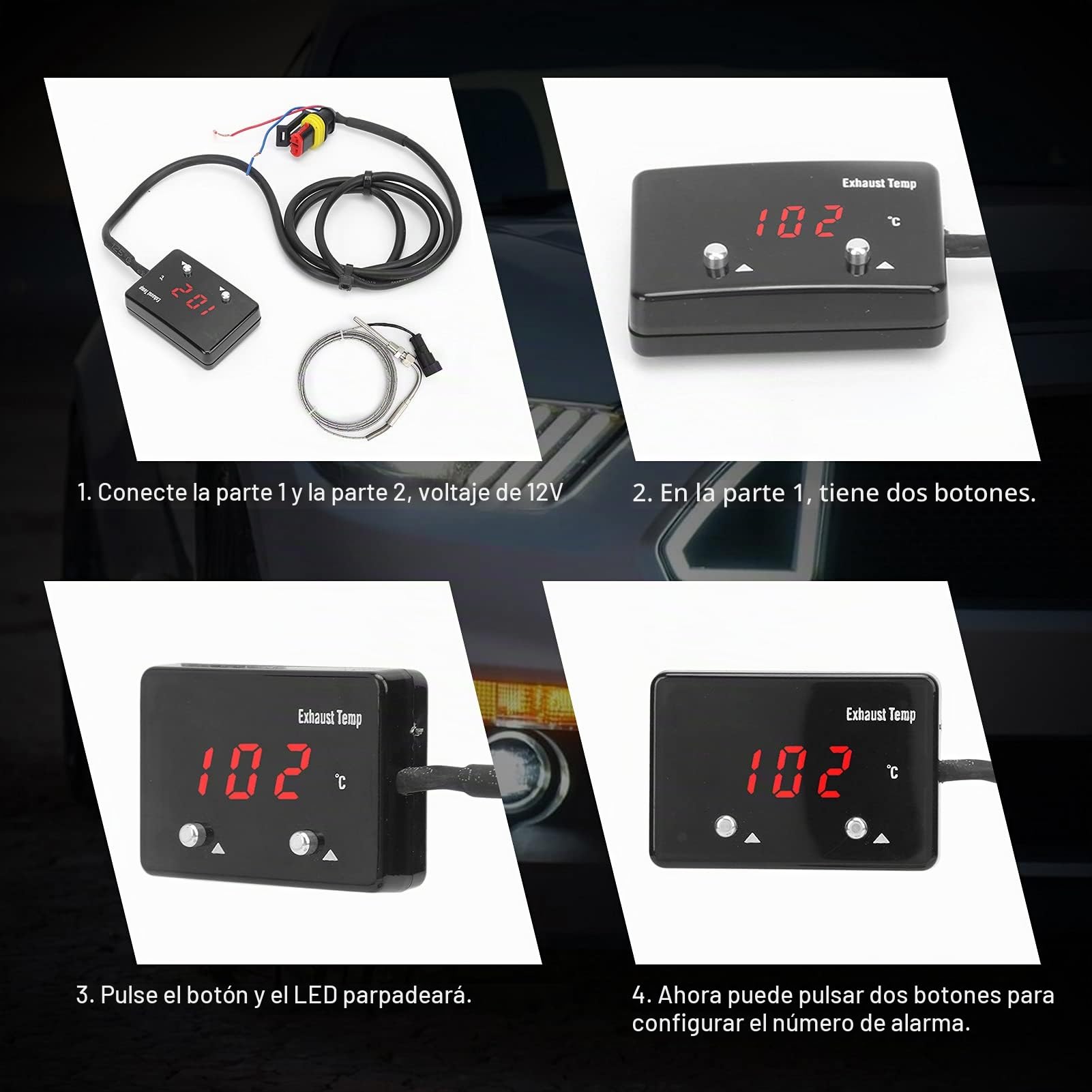 Medidor de Temperatura de Gases de Escape Universal Kit de Medidor EGT 1000 F Pirómetro Pantalla Digital LED Roja para Vehículo de 12V