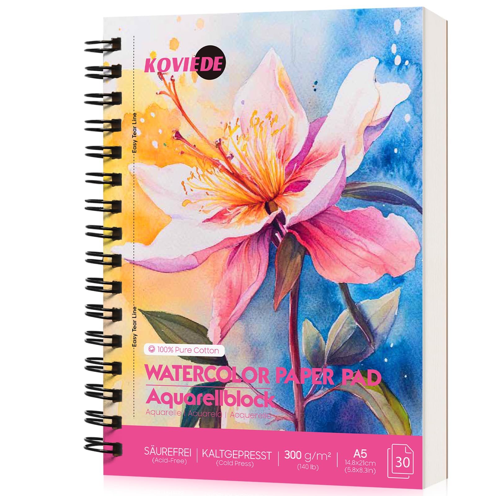 KOVIEDE 100% Cotton Watercolour Paper Pad A5-30 Sheets Spiral Bound, 300 g/m² Cold Press Watercolour Sketchbook, Artist Quality Art Journal Supplies for Adults, Pink