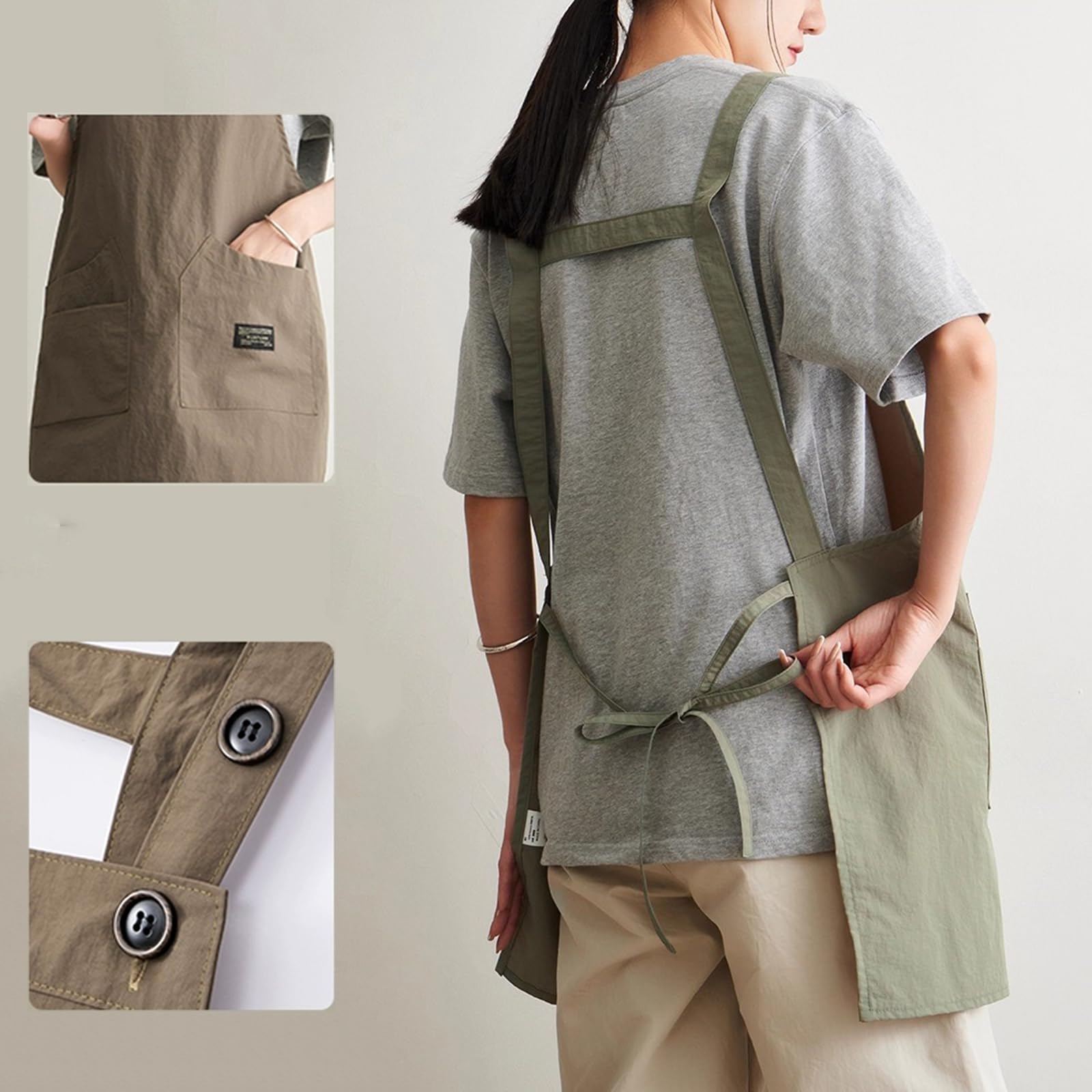 Grembiule per Uomo E Donna con 3 Tasche, Grembiule per Ristorante Caffetteria BBQ Bar Chef CucinaGreen,One Size
