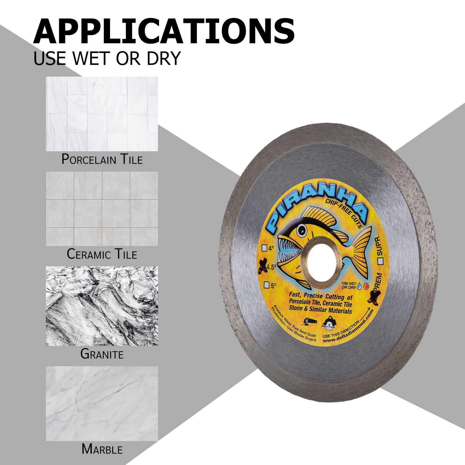Delta Diamond Piranha Premium 4 1/2 Inch 3-Pack Tile Diamond Saw Blade, Continuous Rim, 7/8"-5/8" Arbor, Dry or Wet Cutting Porcelain & Ceramic Tiles (4.5" 3pcs)
