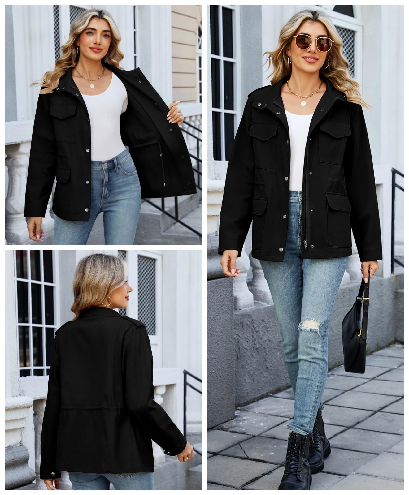 Tuopuda Giacca da Donna Cotone Militare Cappotto Leggera Zip Up Parka Utility Giacche con Tasche Primavera Autunnale