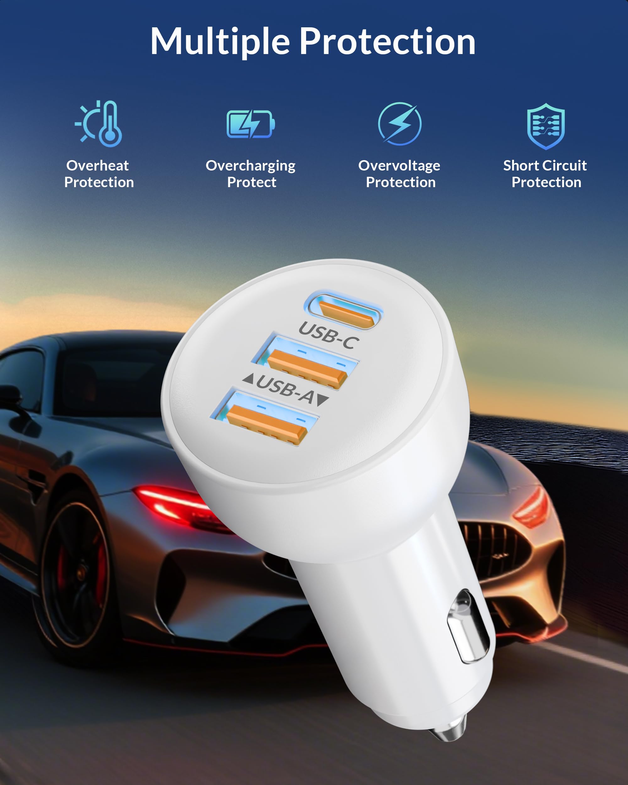 3-portowa szybka ładowarka samochodowa 70 W do iPhone'a 14 13 12 11 Pro Max Plus Mini SE XR XS X 8 7 6, iPada, 2 x przewód USB Carplay i kabel do ładowania Lightning oraz adapter ładowarki
