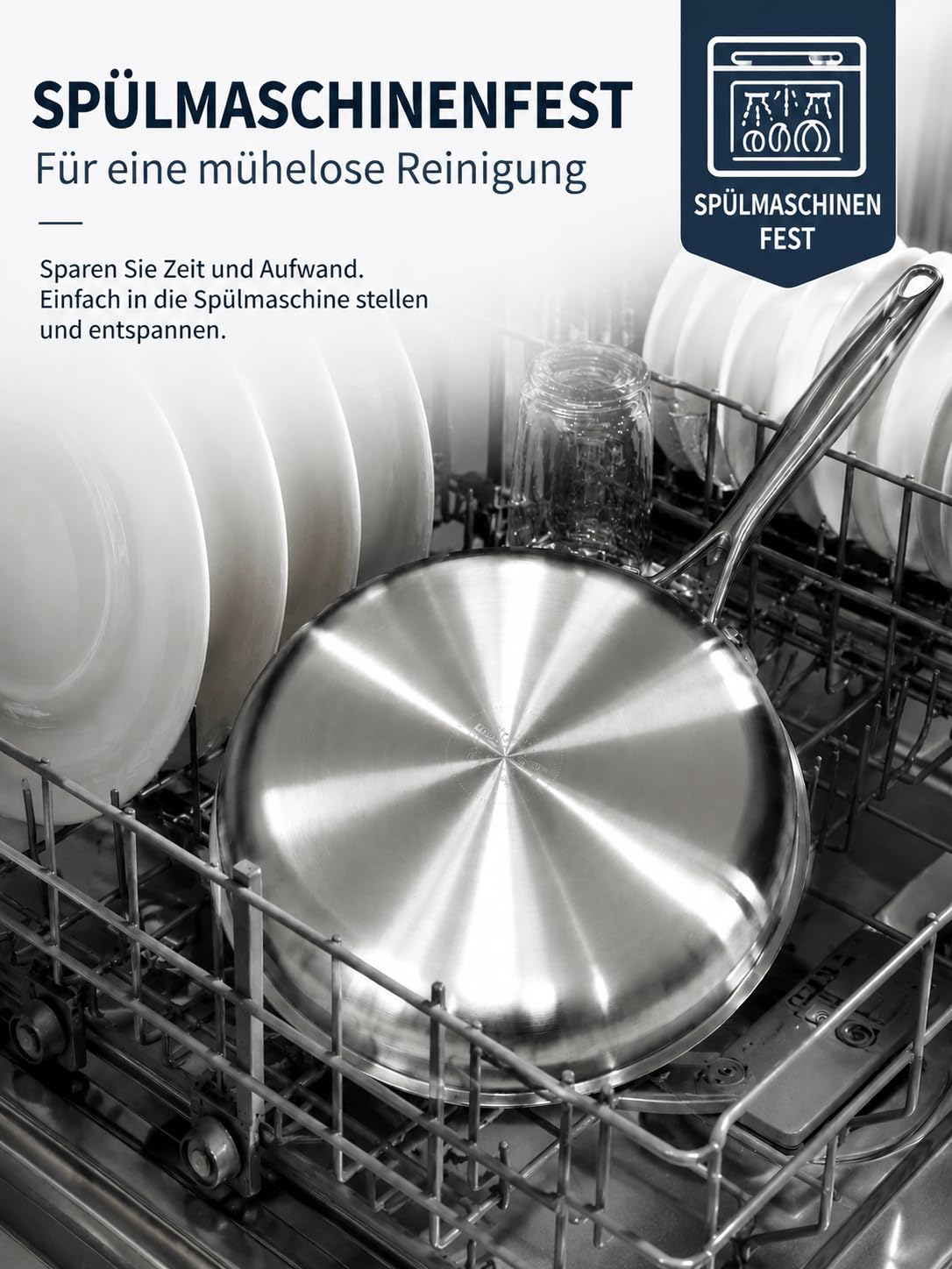 Edelstahlpfanne 30 cm mit Deckel, Durchgehend 3-lagig (3 mm) | Unbeschichtet Bratpfanne, Energieeffizient, für Induktion, Backofenfest bis 400°C, Geeignet für Steaks, Hähnchenbrust