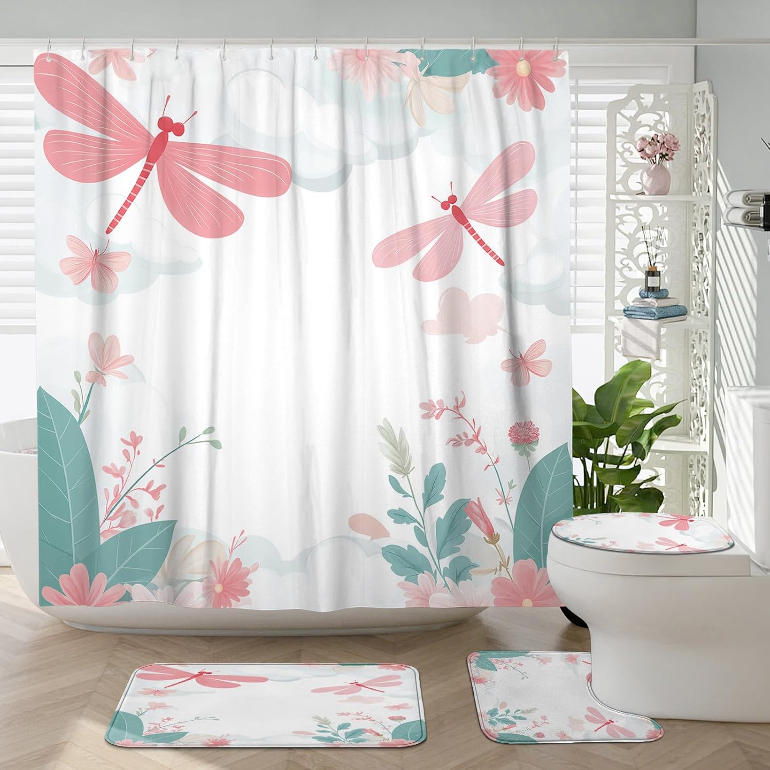 4PCS Kids Cartoon Dragonfly Bathroom Accessory Sets with Non-Slip Rug, U Shape and Toilet Lid Cover Mat, Cute Fun Anime Insect Bathroom Decorative-72''x72''