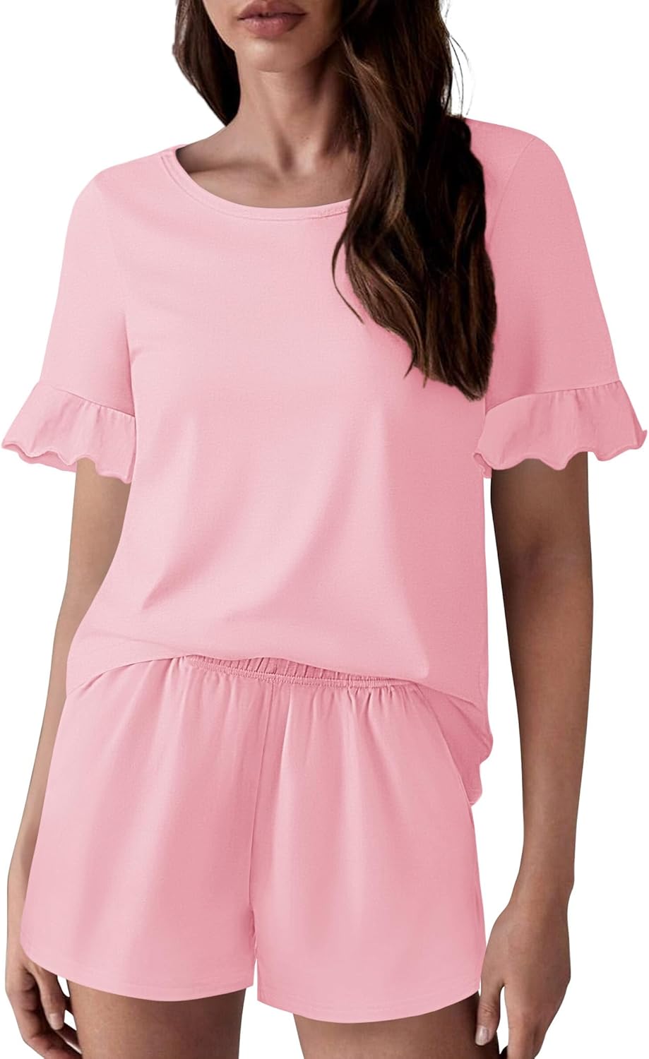 Ekouaer Womens 100% Cotton Pajamas Set Ruffle Sleeves Top and Short Soft Sleepwear 2 Piece Lounge Set with Pockets