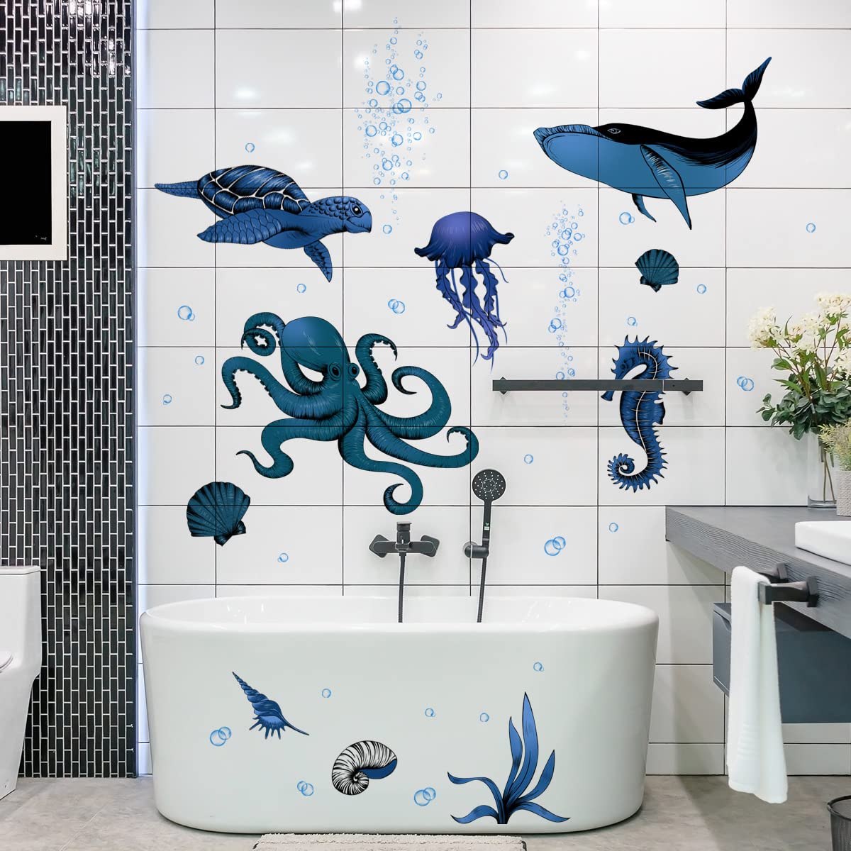 Ocean Stickers, Bathroom Wall Stickers,Under The Sea Wall Decals, Beach Stickers with Turtle Octopus Whale Seahorse Jellyfish Seaweed Bubble