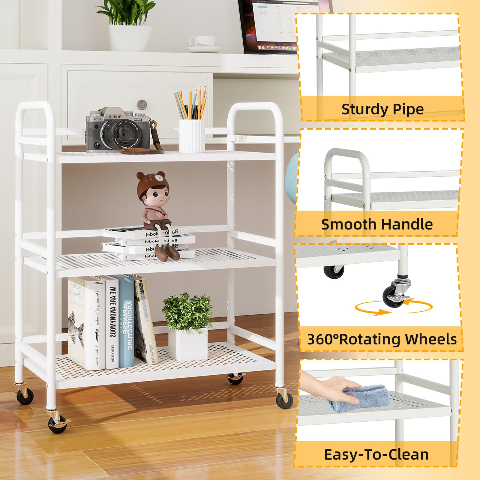 HDANI Carrito Cocina,Carro Auxiliar de Metálicos de 3 Niveles Cocina o Multiuso con Ruedas,para el hogar (Blanco, 60×30×75cm Malla)