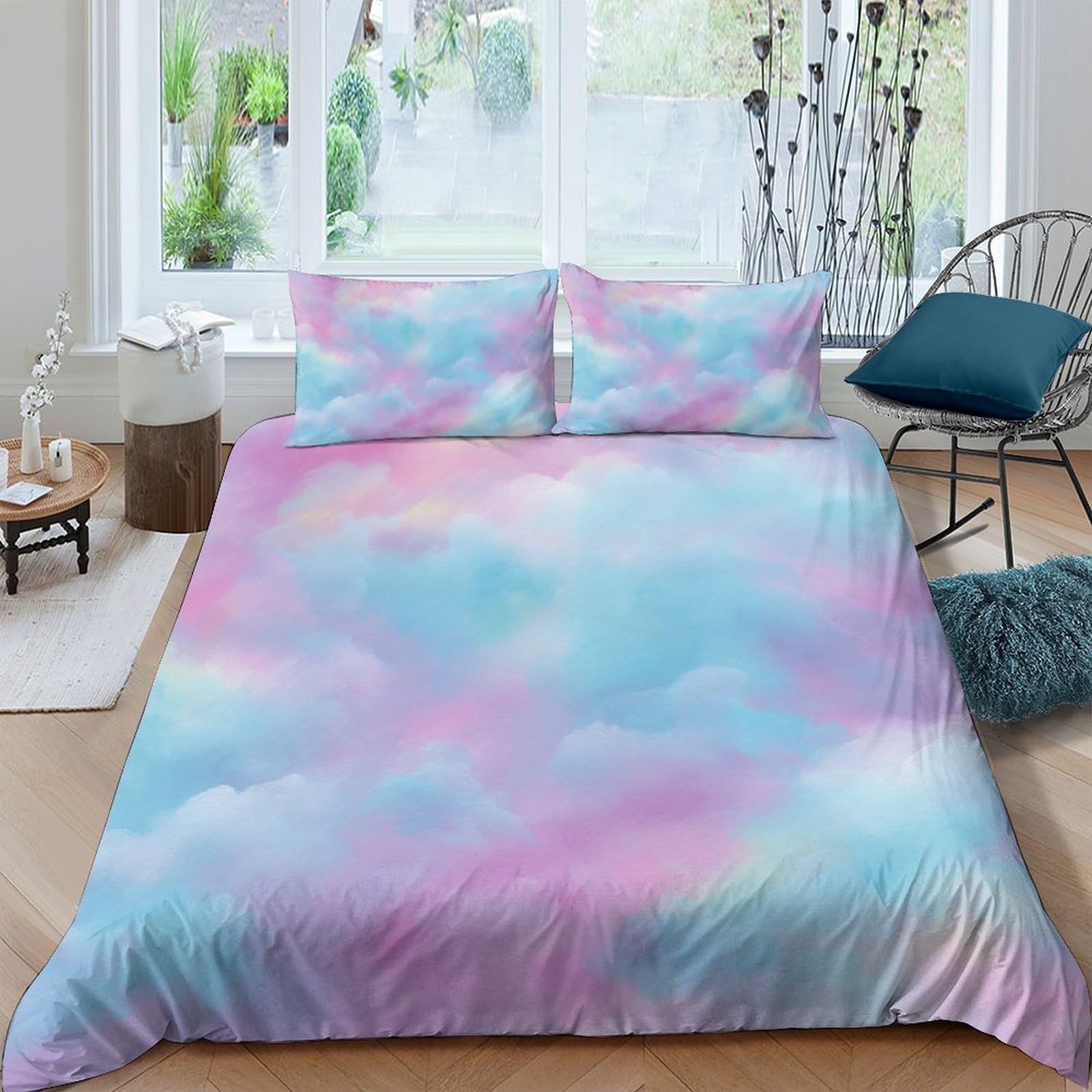 Ctjqhvkz Style-9 3D Printed Pastel Cloud Fitted Sheet Microfiber Soft Breathable Rainbow Sky Mattress Cover Bedroom Dorm Decor Single（135X200cm）