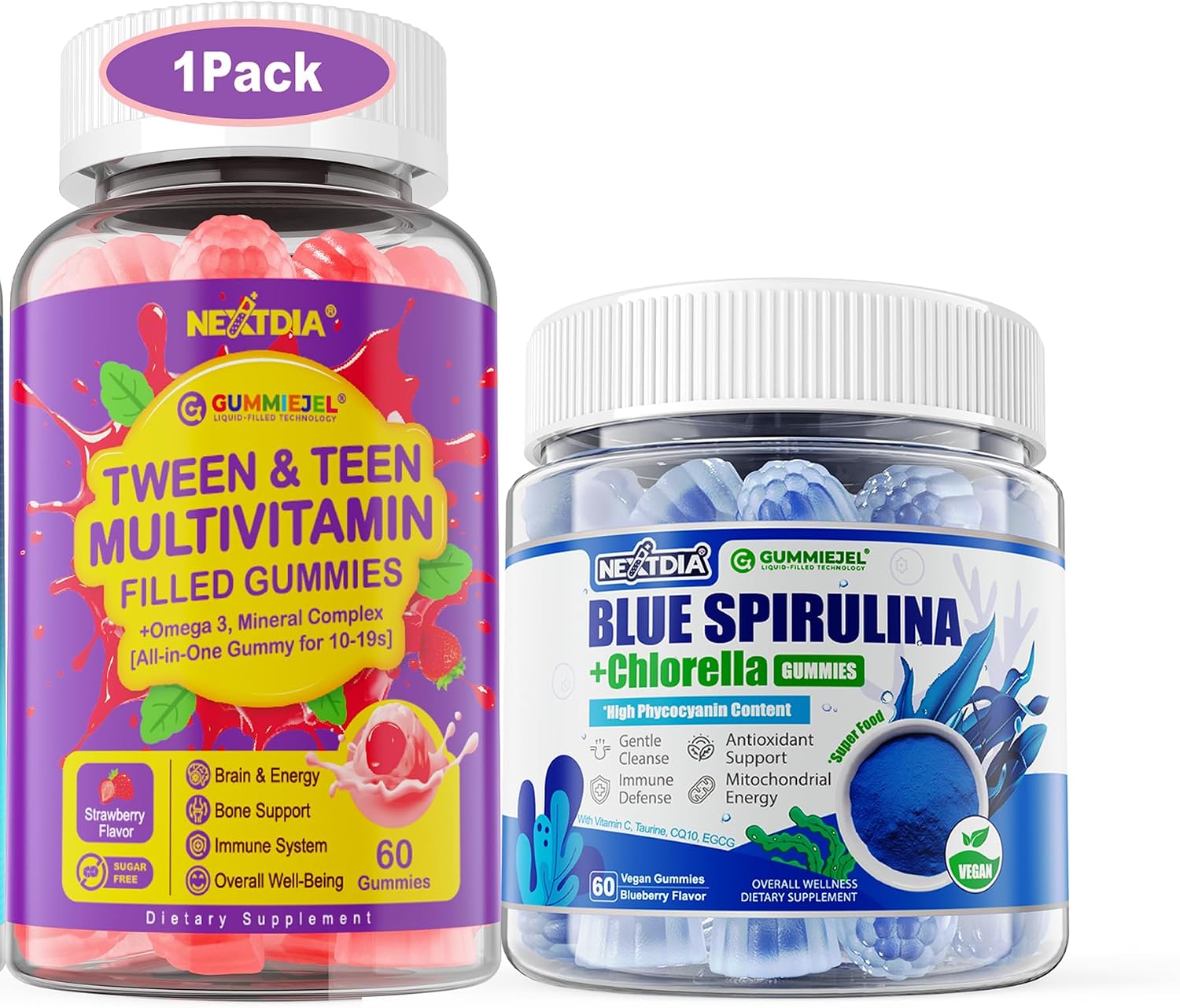 Nextdia Multivitamin Filled Gummies for Teen Boys Girls + Organic Blue Spirulina Gummies