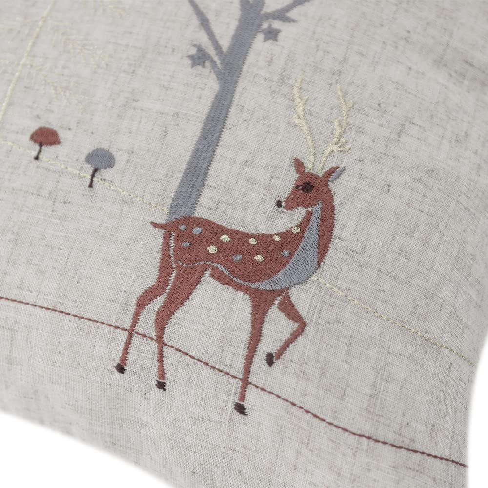 JWH Christmas Deer Throw Pillow Covers Cute Trees Rabbit Mushroom Embroidery Accent Pillow Case Linen Pillowcase Decorative Cushion for Farmhouse Floor Couch Deocr Shams 14x20 Inch Beige Brown