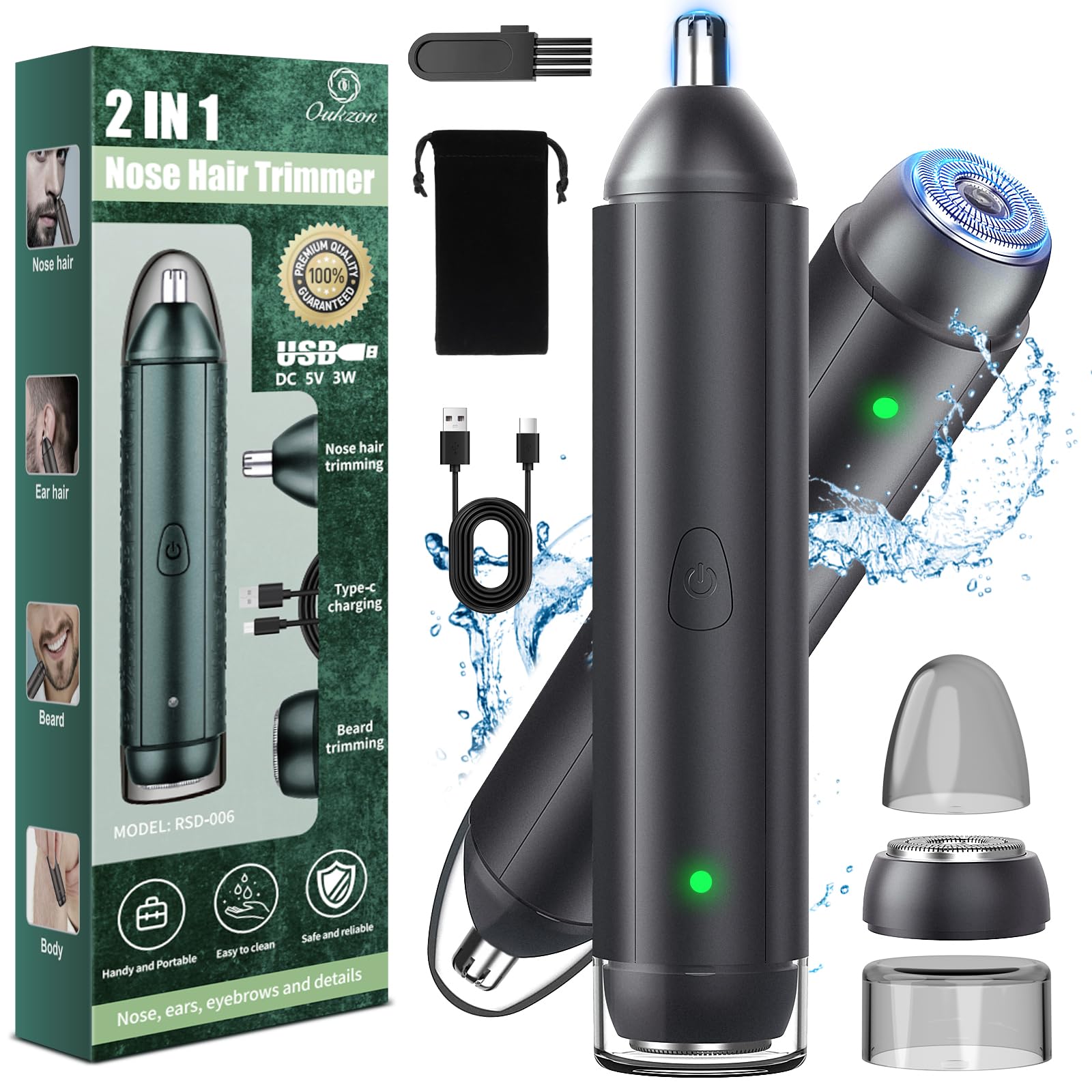 Nasenhaartrimmer Herren Frauen, Oukzon 2 in 1 Nasenhaarschneider Ohrhaarschneider Barttrimmer Gesichtshaarentferner- 2024 Professionelle USB Aufladbar Schmerzfrei Haartrimmer für Nasen, Bart, Gesicht