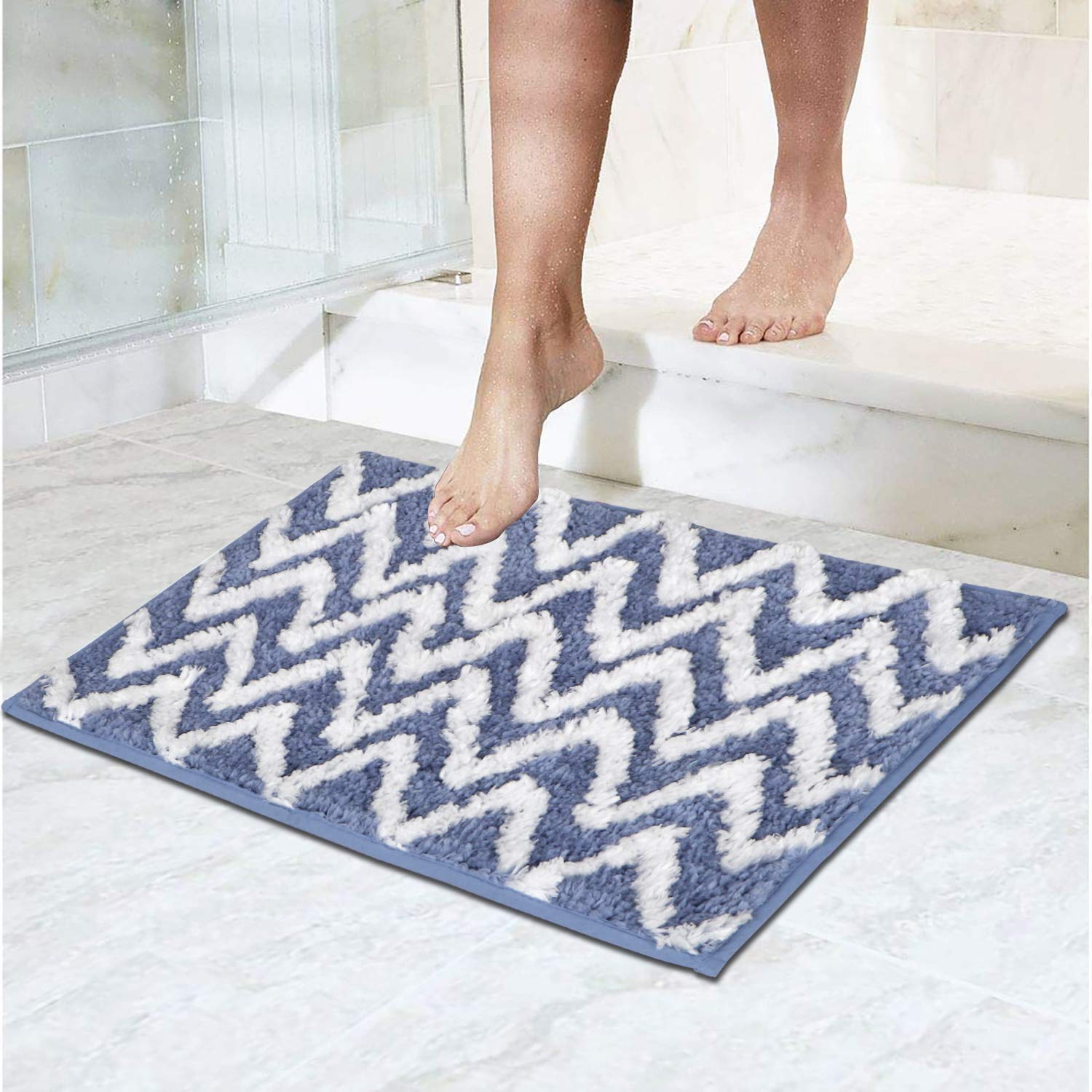 HOKIPO® Microfiber Bathroom Mat, 40X60 cm, Chevron Blue (IN-146-BL)