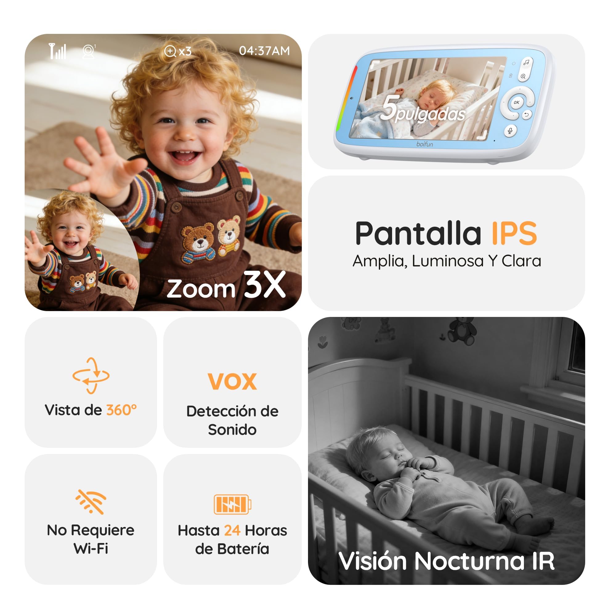 BOIFUN 5" Camara Vigilancia Bebe, sin WiFi, Rotación de 360°, Visión Nocturna Infrarroja Invisible, VOX Activación por Sonido, Comunicación bidireccional, Temperatura, Protección de la Privacidad