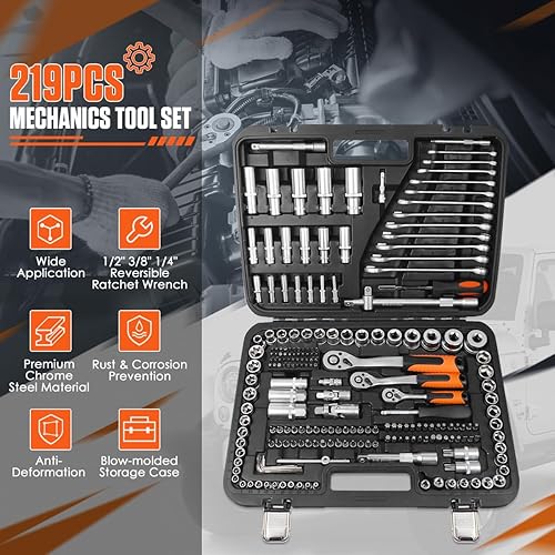 Miniatura 2 de Juego de herramientas mecánicas de 219 piezas, juego de llaves de vaso de 14 pulgadas, 38 pulgadas, 12 pulgadas, juego de herramientas mecánicas de