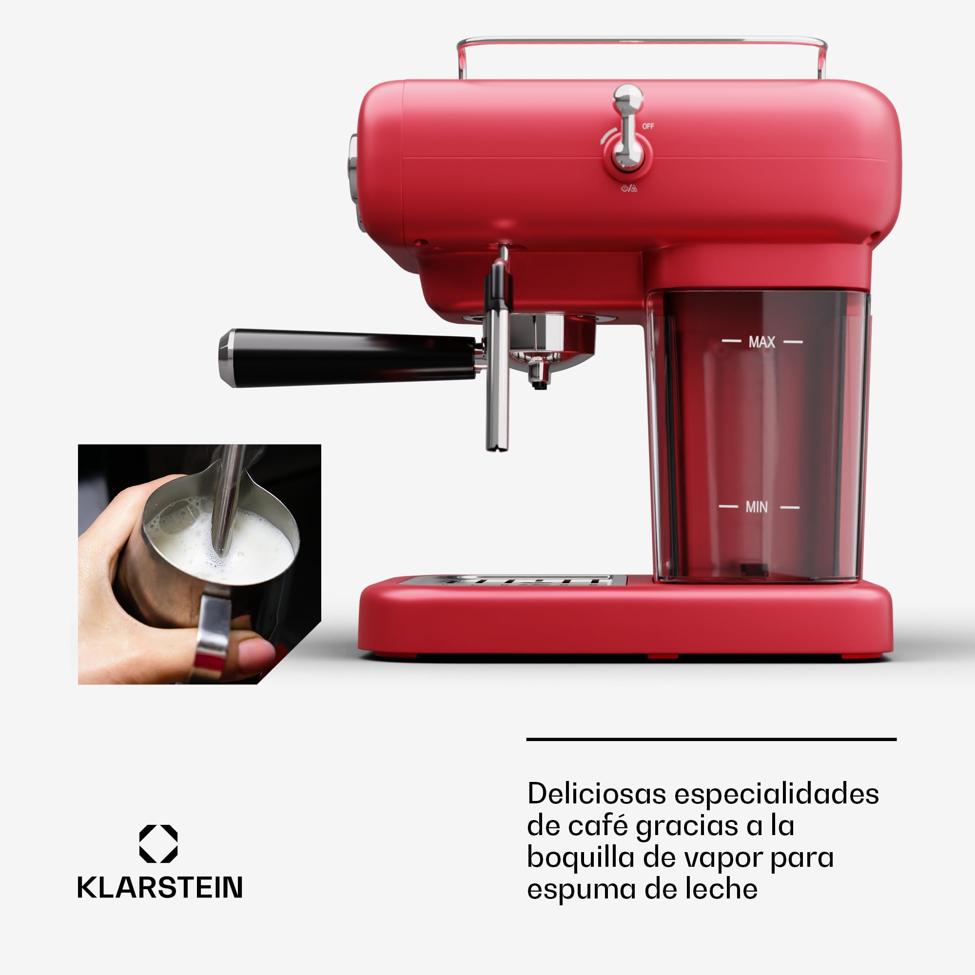 Klarstein Cafetera Espresso con Espumador de Leche, Mini Cafetera Espresso Retro de 1,2 litros con Portafiltro, Cafetera Pequeña de 950 W, Cafetera para Cappuccino, Latte & Macchiato
